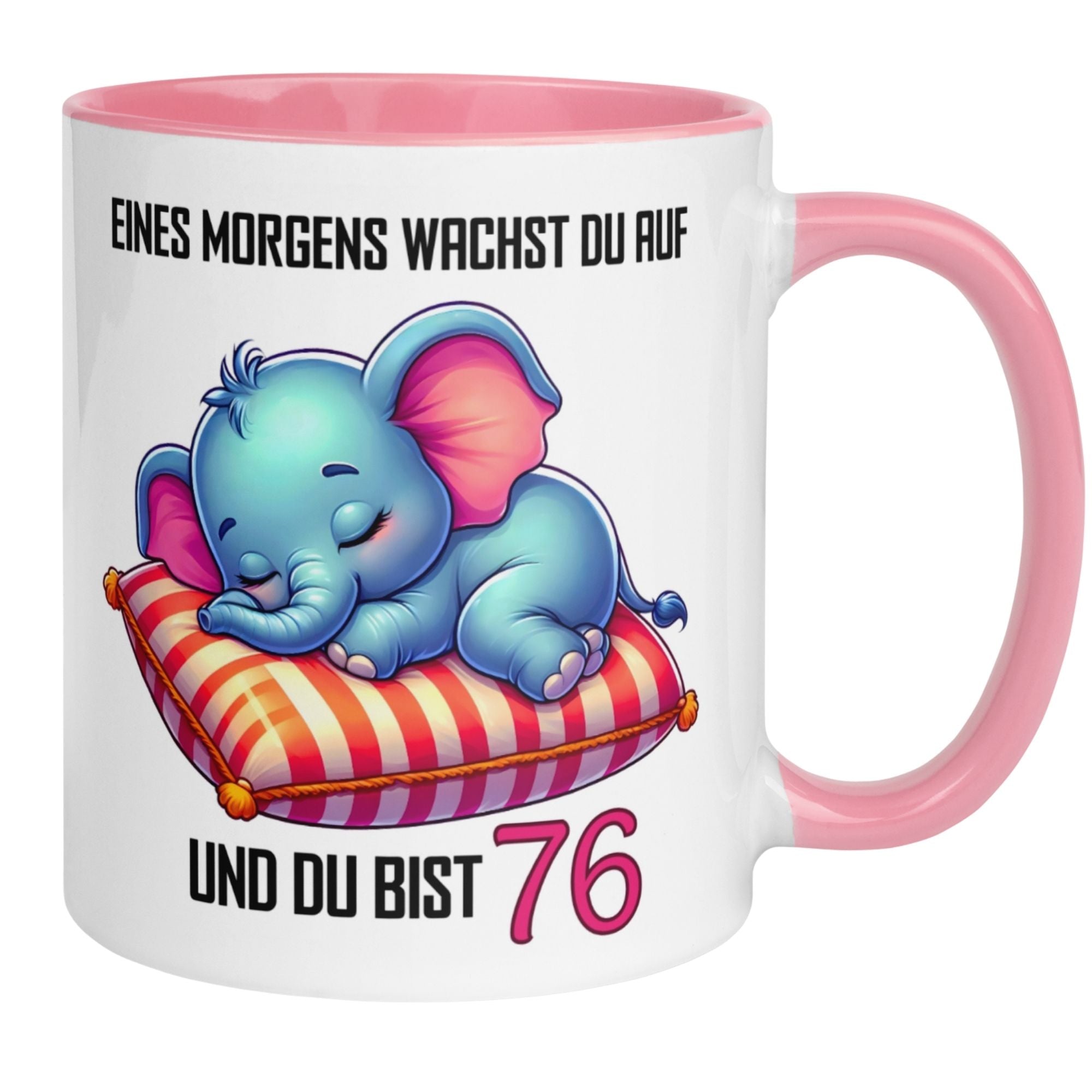 Bunte Tasse mit Elefant und Spruch für den 76. Geburtstag, perfekt für gute Laune am Morgen.