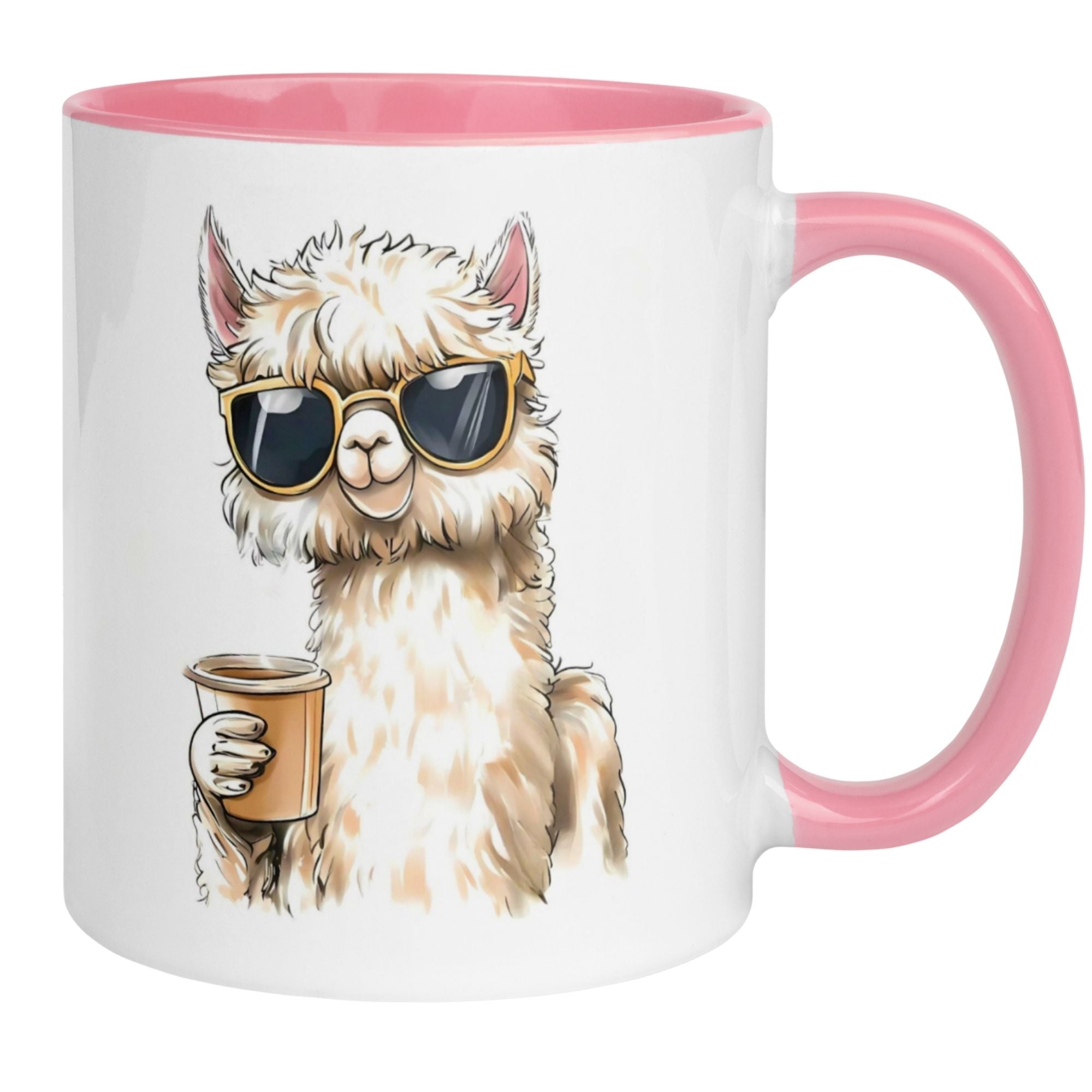 Humorous Momentals® mug featuring a chilled alpaca in sunglasses holding coffee.