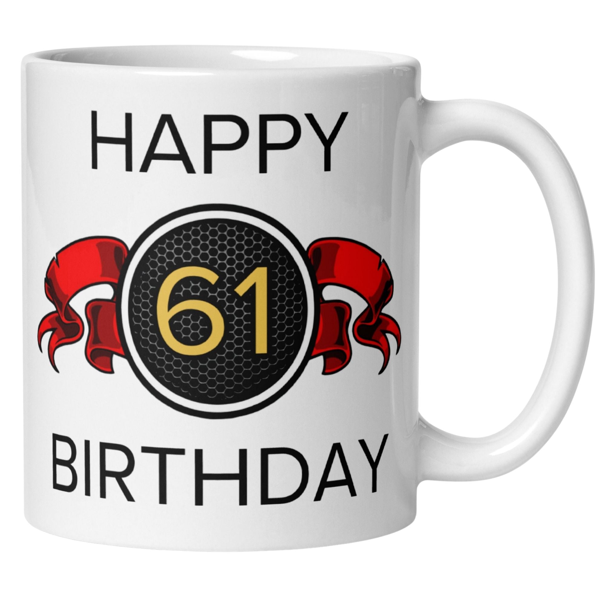 Momentals 61. Geburtstag Tasse mit rotem Schleifen-Design, elegantem Happy Birthday Schriftzug.