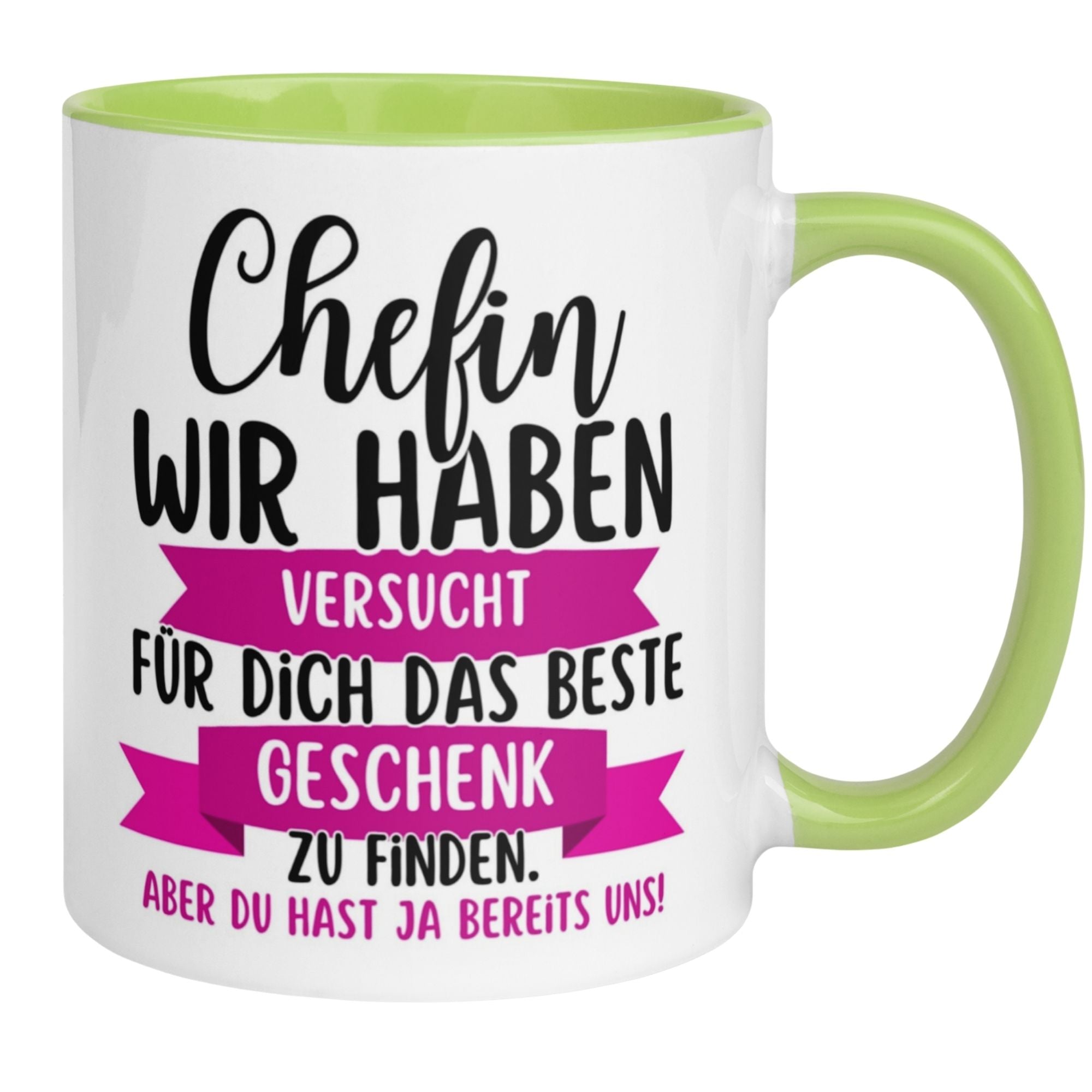 Momentals Tasse Chefin mit humorvollem Spruch für Abschiedsgeschenk in pink und grün.