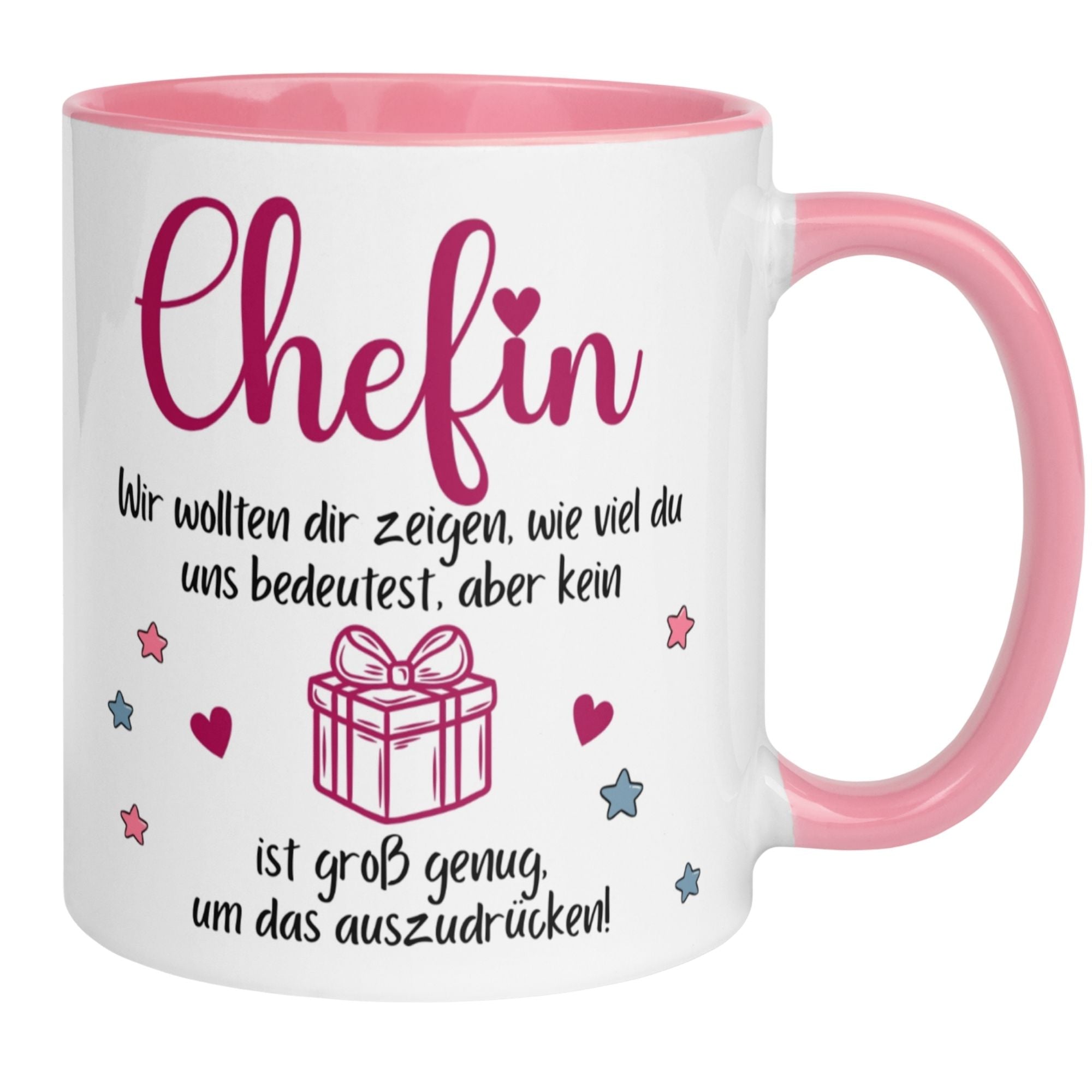 Momentals Chefin tasse mit Spruch "kein Geschenk ist groß genug" und Geschenkpaket-Design.