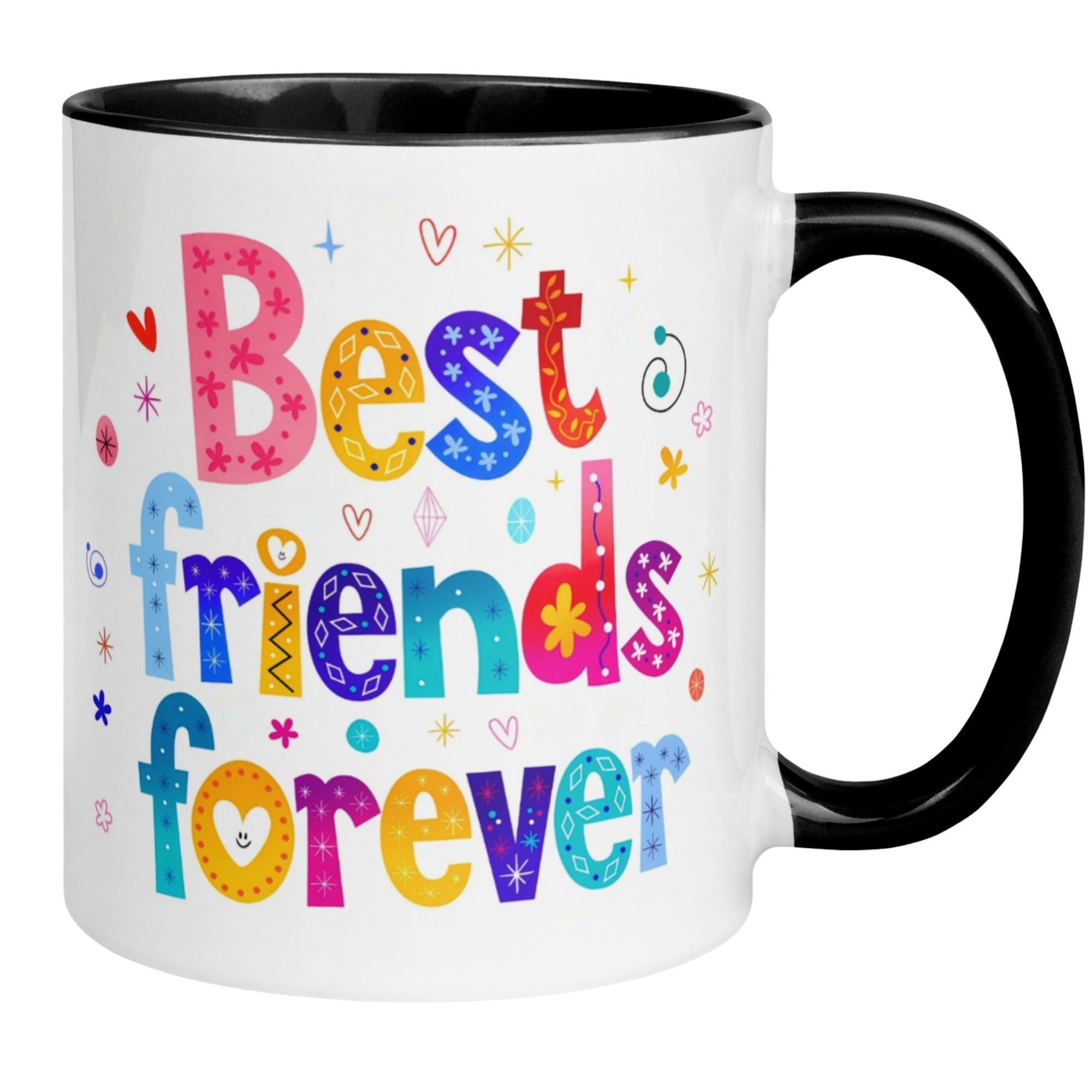 Bunte Momentals Tasse mit dem Text "Best friends forever" und verspielten Mustern, ideal für beste Freunde.