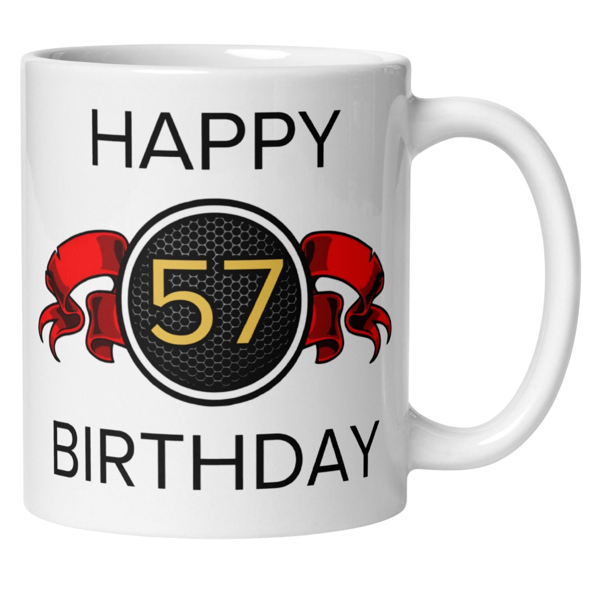 Momentals® Tasse 57. Geburtstag | Wappen & Spruch | Happy Birthday mit roter Schleife • Momentals