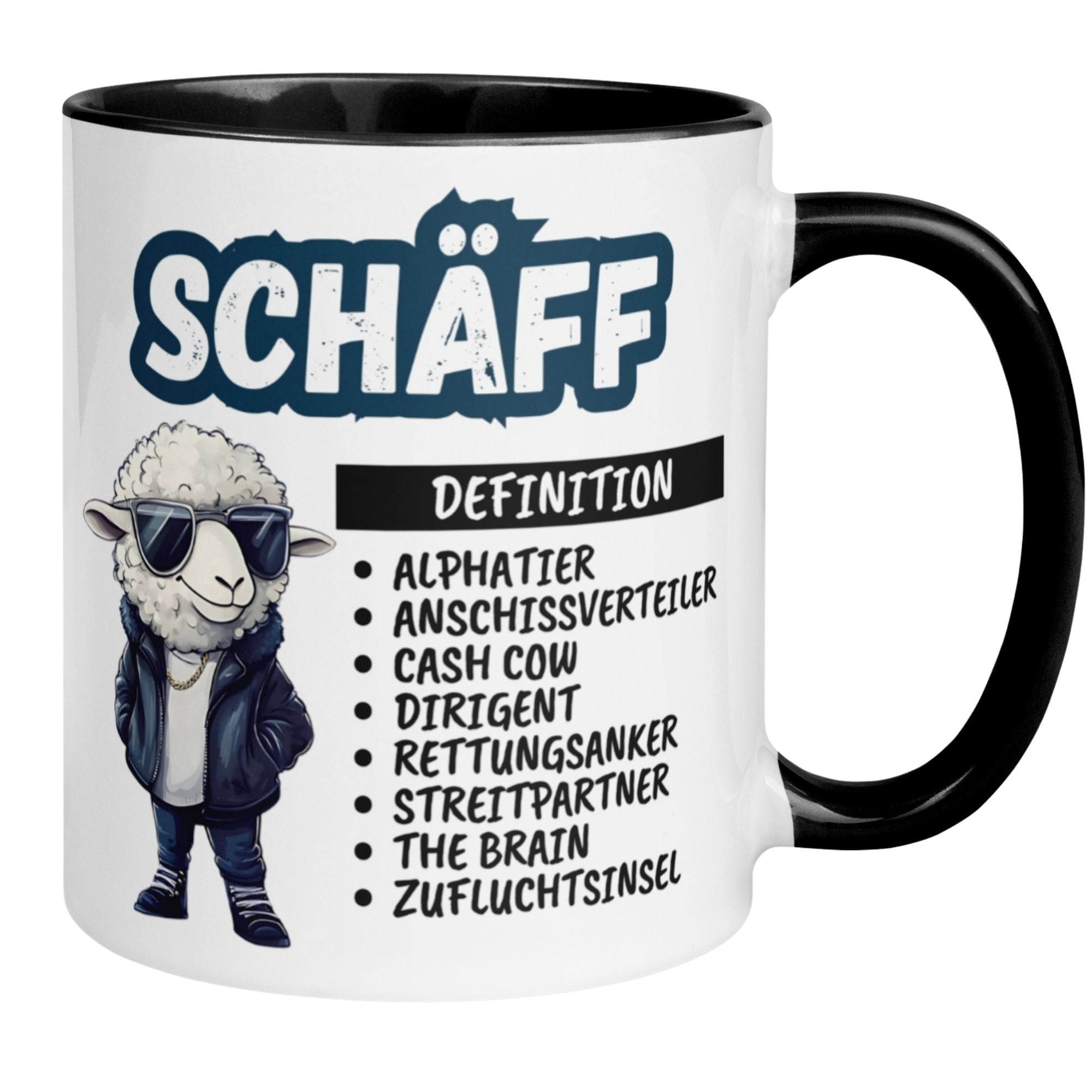 Momentals Tasse mit lustigem Schaf und Definitionen für Chefrollen, ideal für Abschiedsgeschenke.