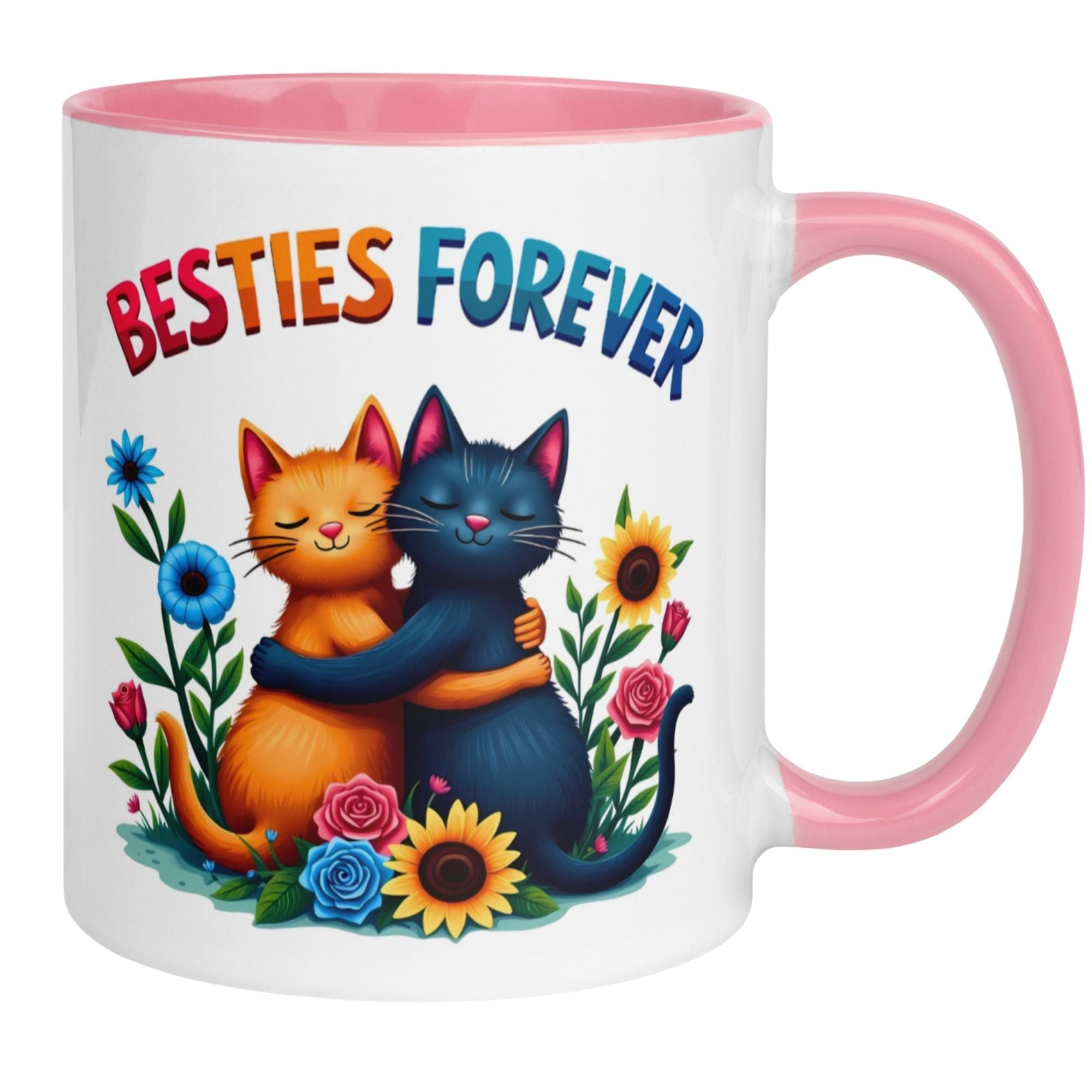 Colorful Momentals mug with two hugging cats and 'Besties Forever' text, celebrating friendship.