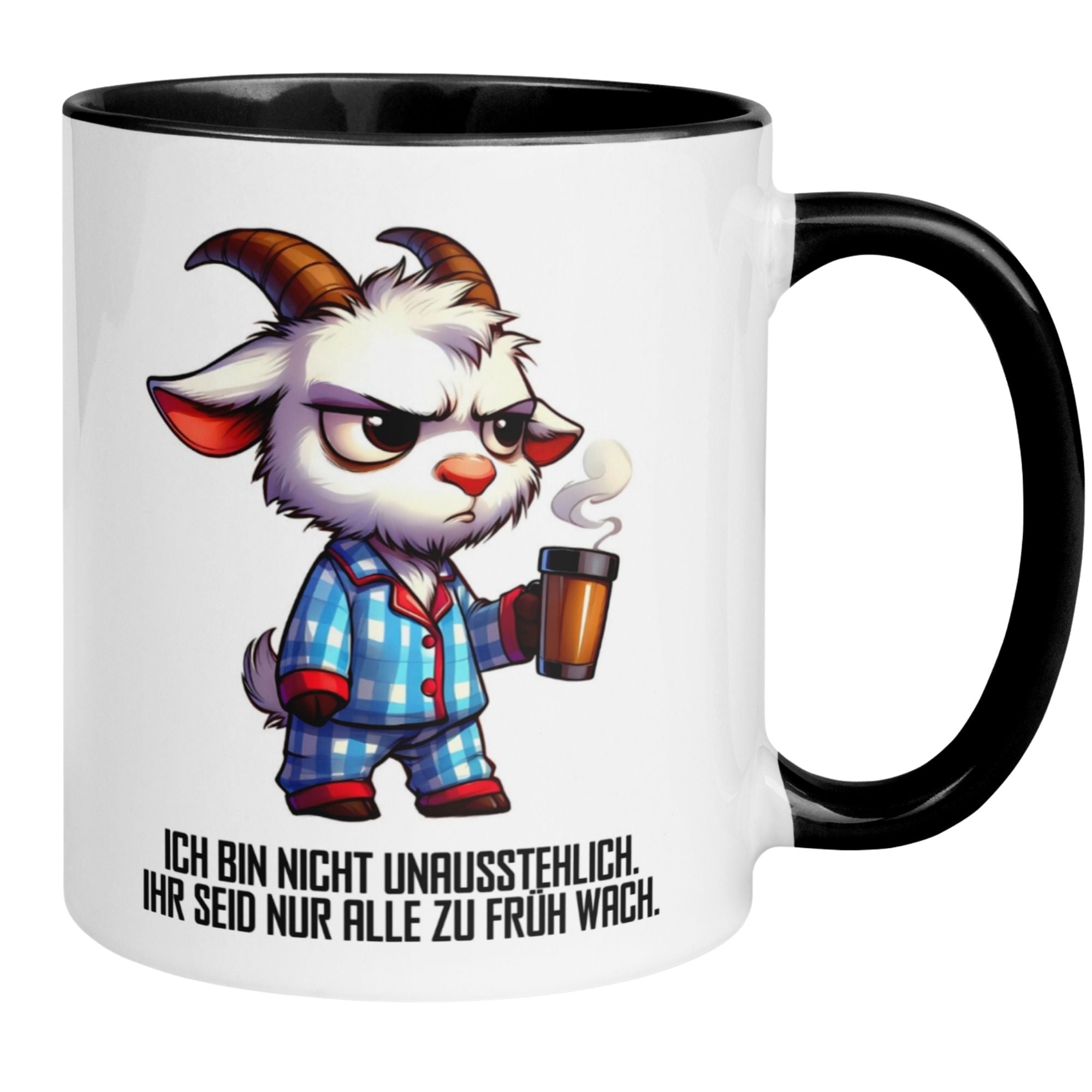 Momentals Tasse für Morgenmuffel mit witziger Ziege und Spruch über frühes Aufstehen.
