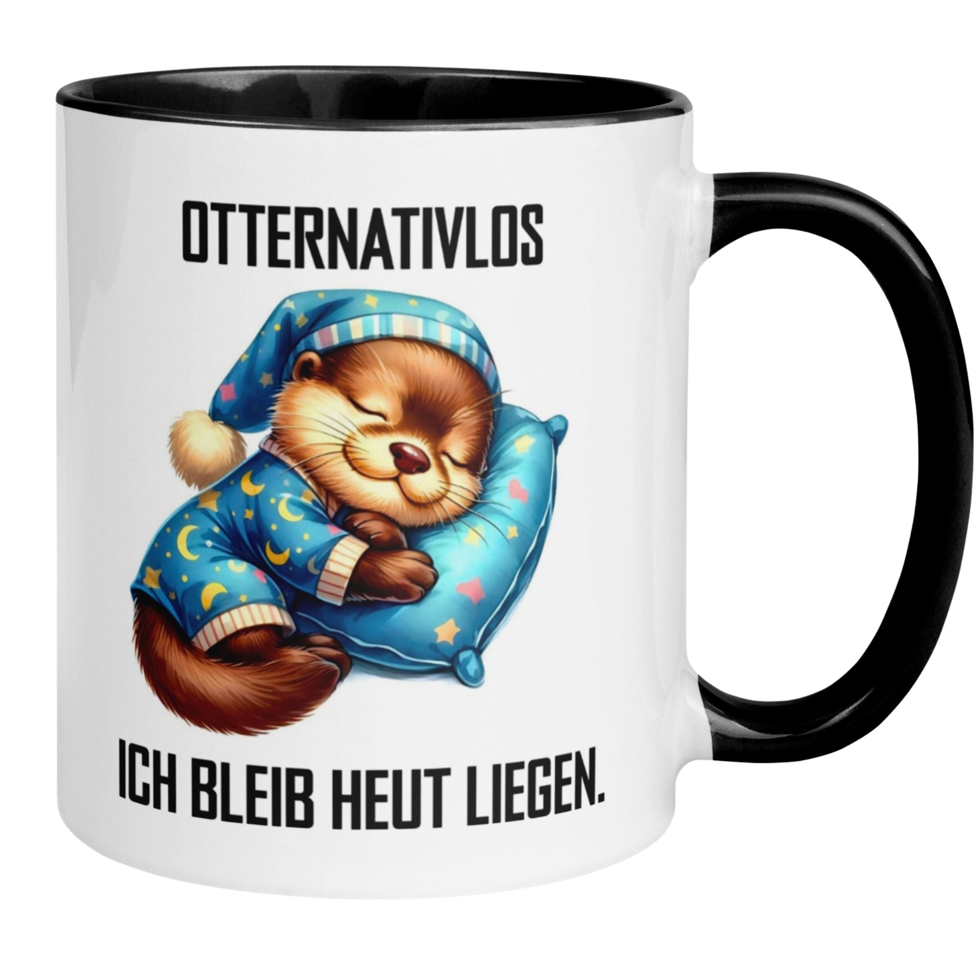 Otter mug with text 'OTTERNATIVLOS: Ich bleib heut liegen', perfect for sleepyheads and morning grumblers.