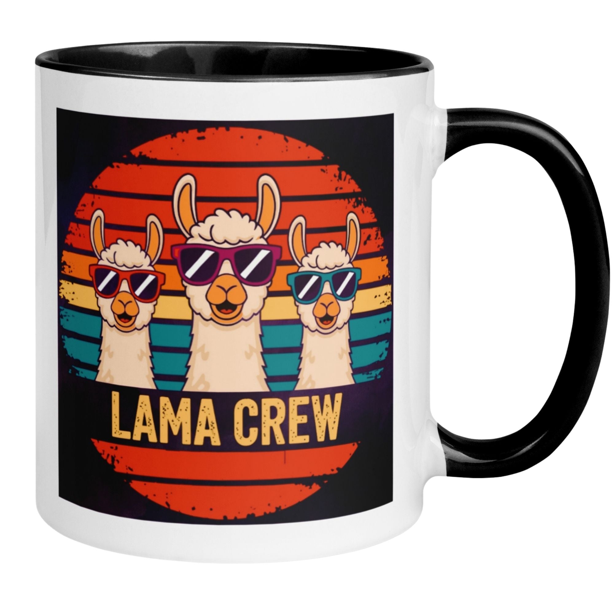 Momentals® Tasse mit 3 stylischen Lamas in Sonnenbrillen und Retrodesign, perfekt für Tierliebhaber.