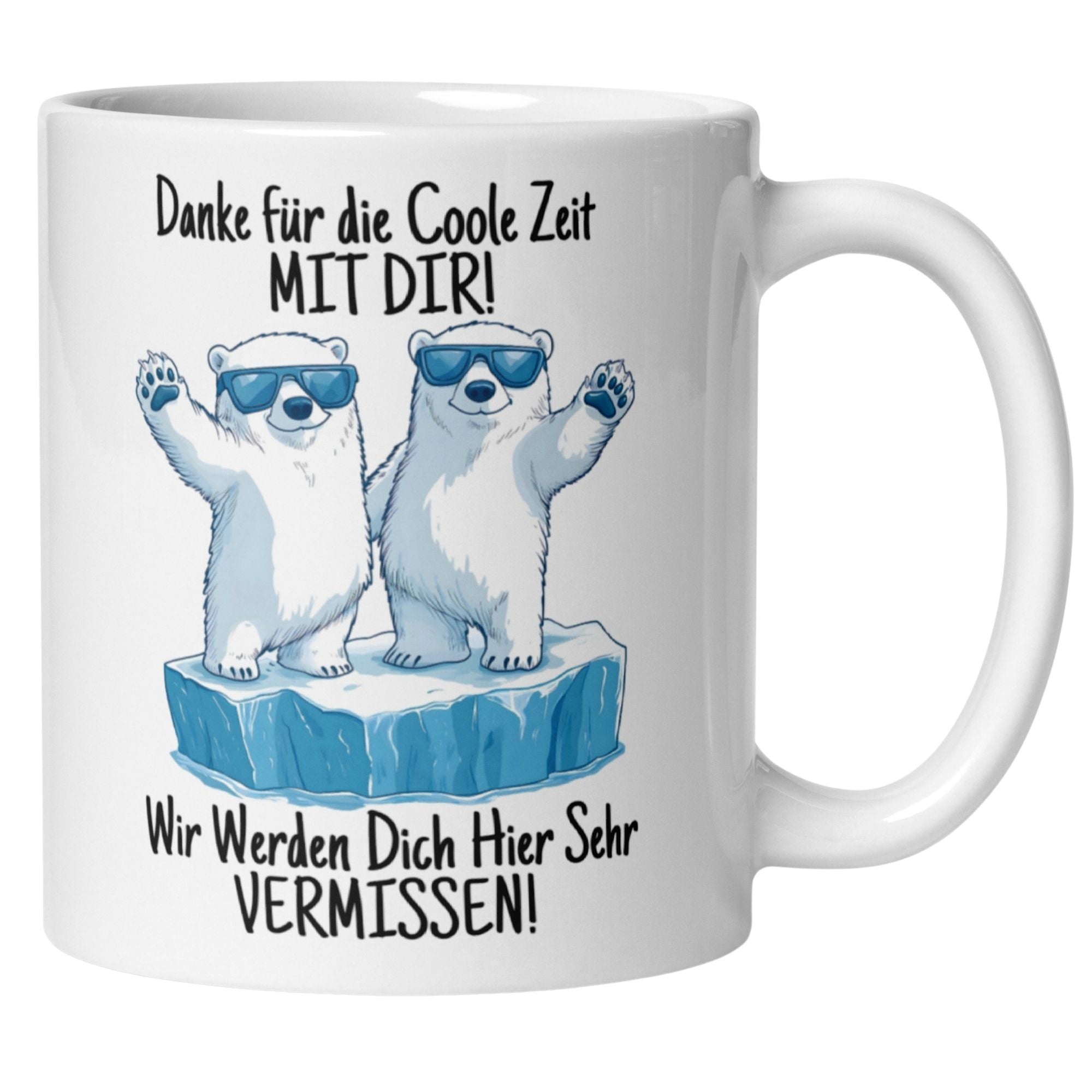 Tasse Abschied mit Eisbären in Sonnenbrillen und Spruch "Danke für die coole Zeit mit dir".