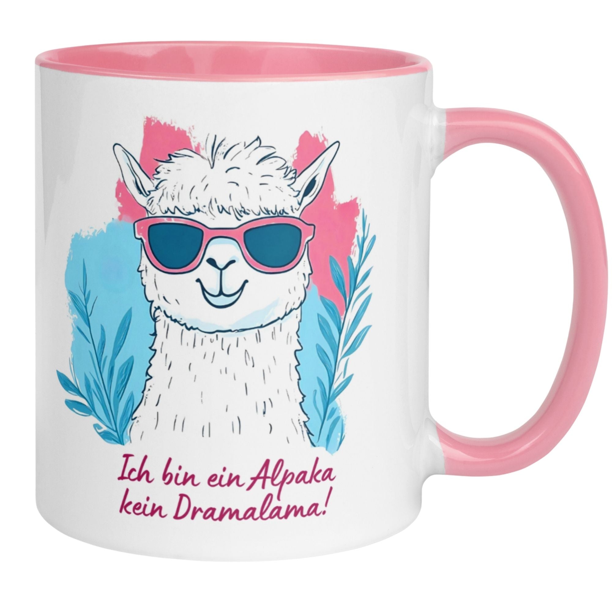 Momentals Tasse mit Alpaka in Sonnenbrille und Spruch: 'Ich bin ein Alpaka, kein Dramalama!'