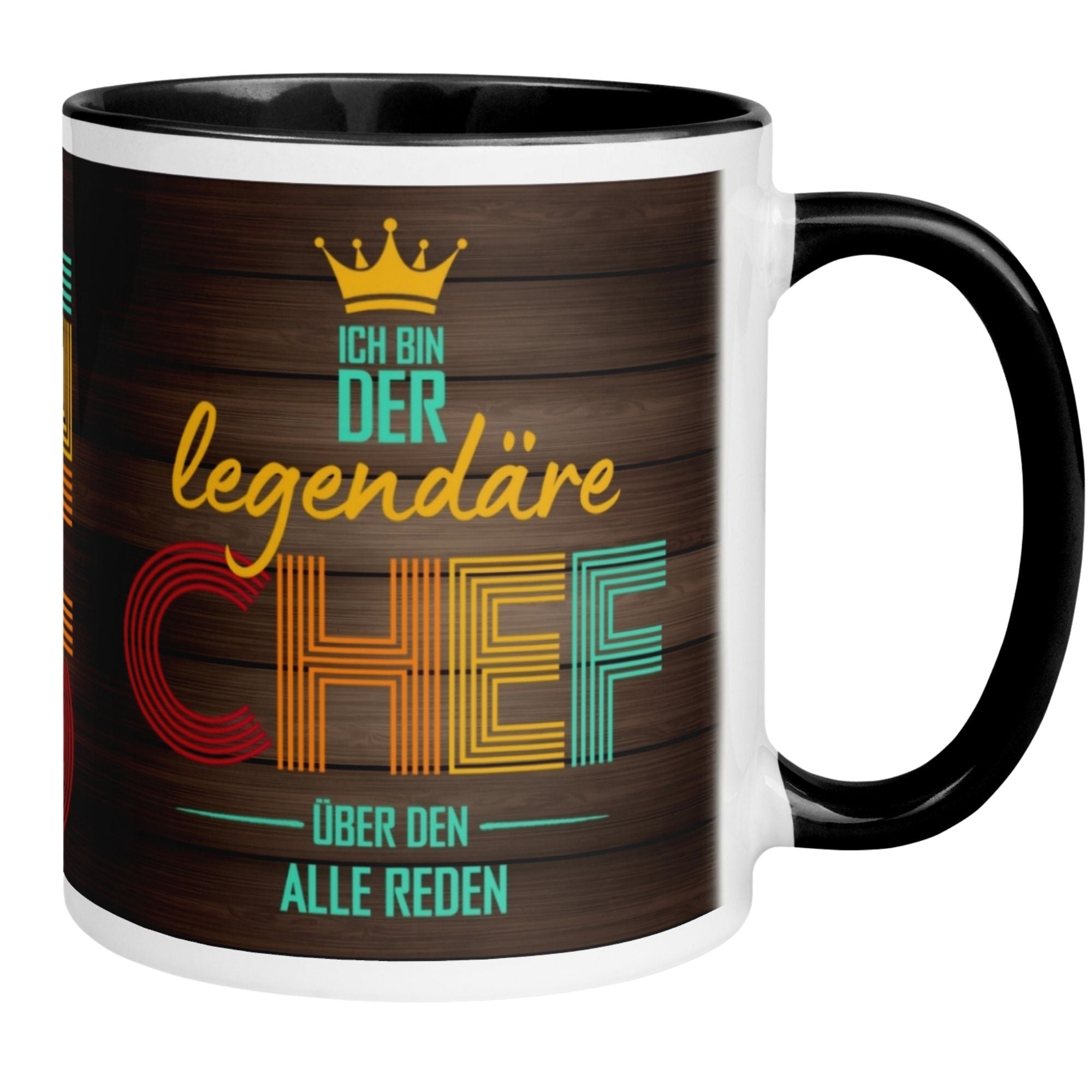 Bunte Tasse für den legendären Chef mit Spruch und Krone, perfektes Geschenk für Wertschätzung im Büro.