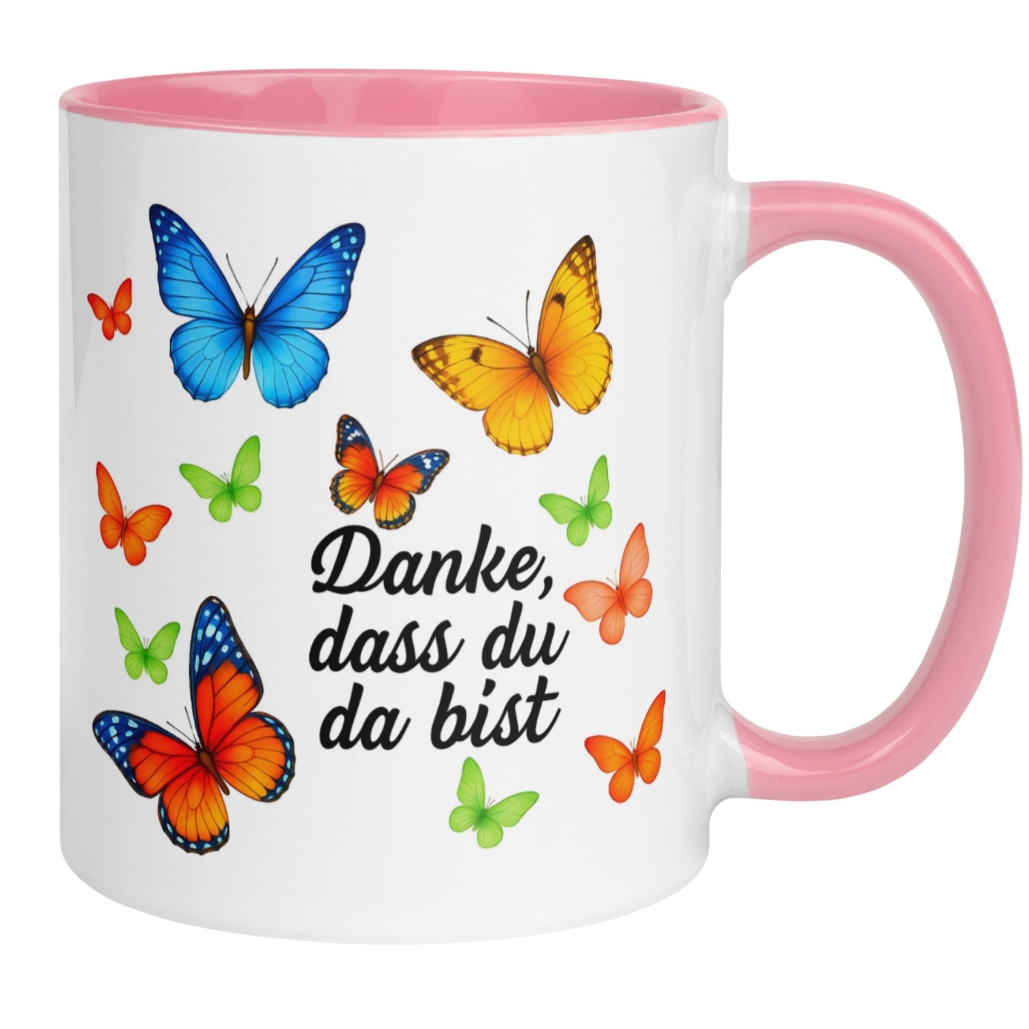 Momentals Tasse mit bunten Schmetterlingen und dem Text 'Danke, dass du da bist'