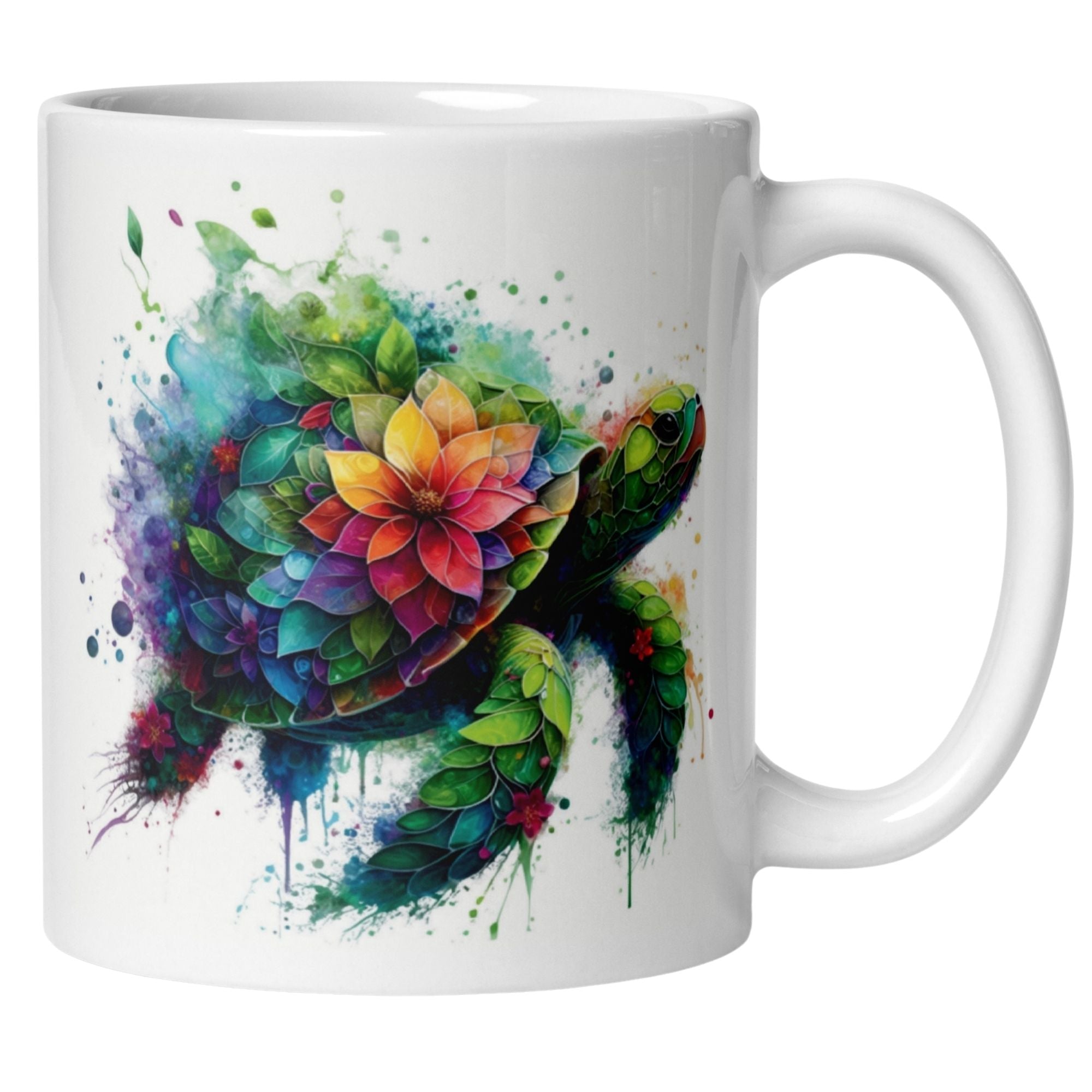 Bunte Schildkröten-Tasse im Mosaik-Stil mit blühenden Farben und kreativem Kunstdesign.