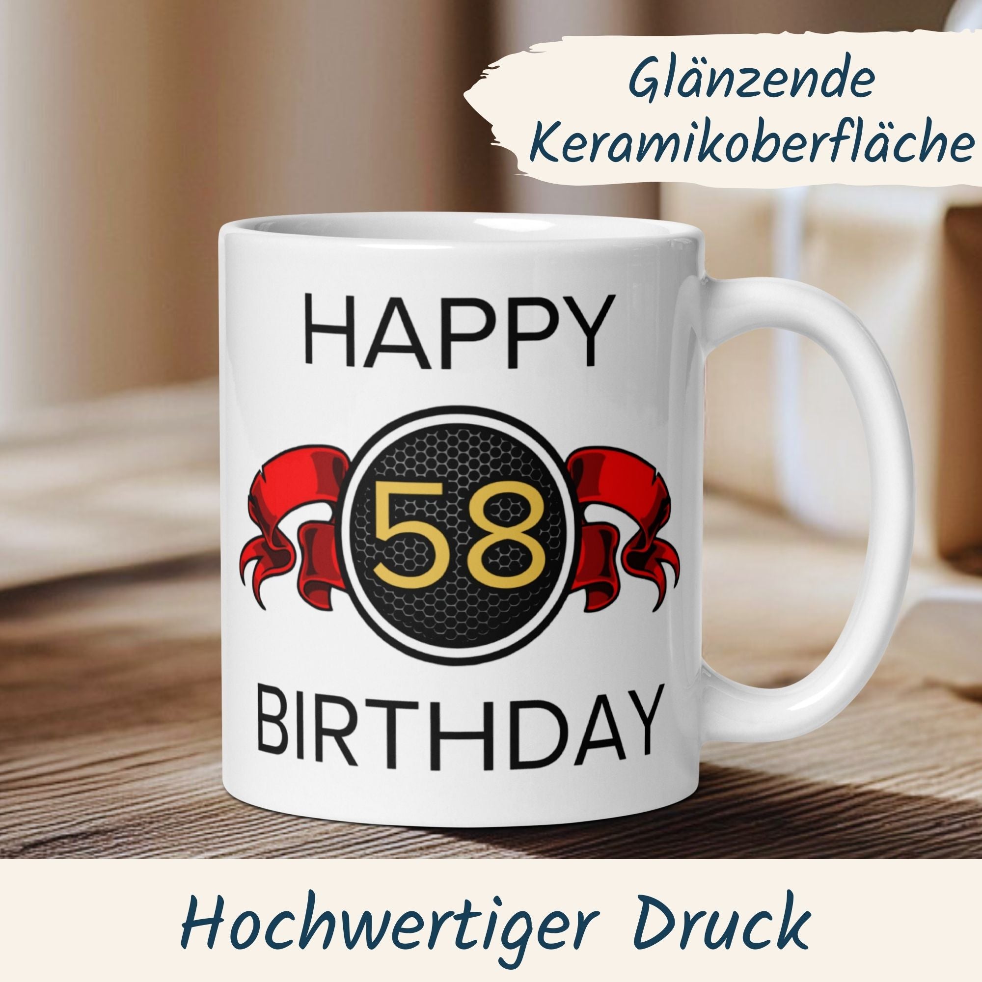 Momentals® Tasse 58. Geburtstag | Wappen & Spruch | Happy Birthday mit roter Schleife • Momentals