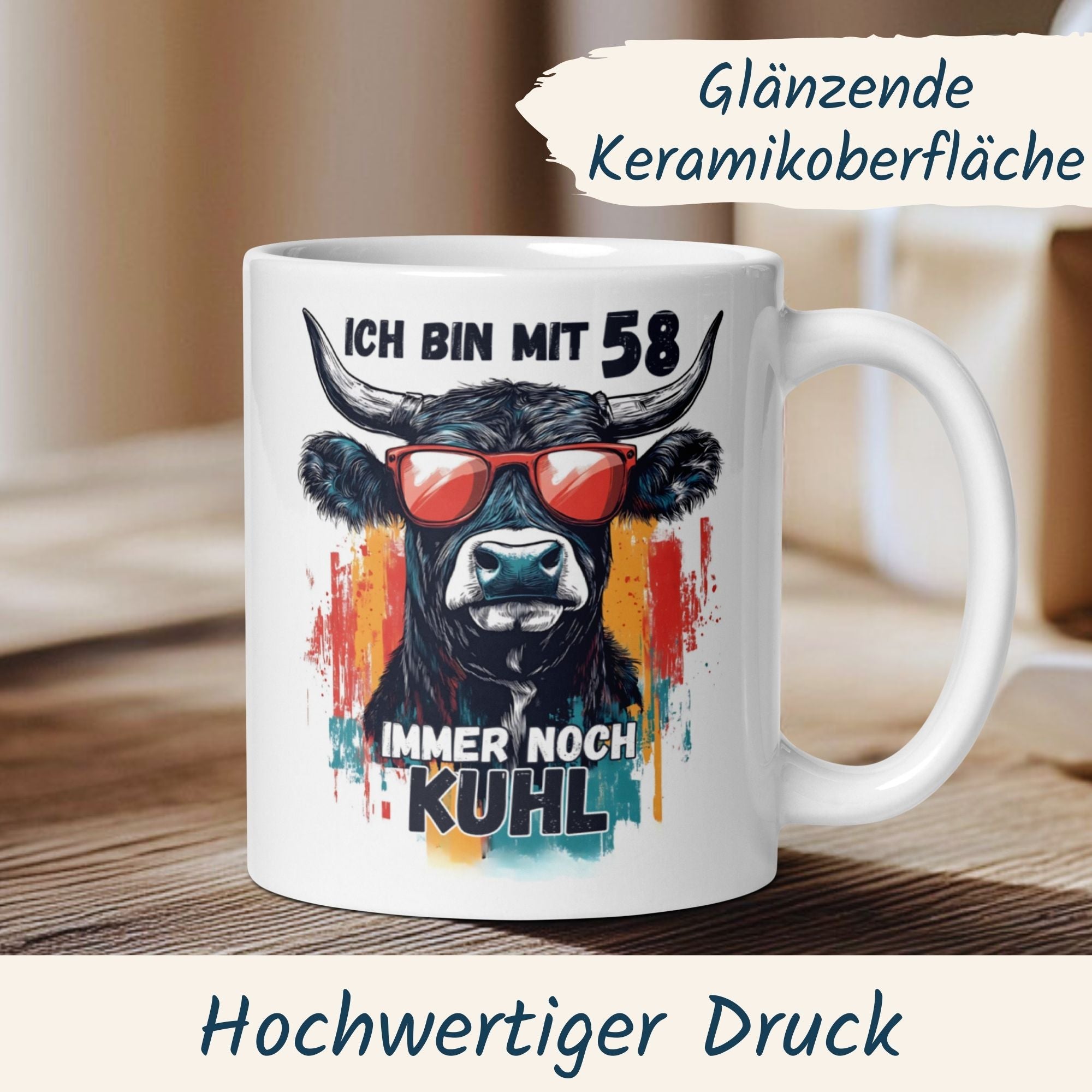 Momentals® Tasse 58. Geburtstag | Kuh & Spruch | Ich bin mit 58 immer noch Kuhl • Momentals
