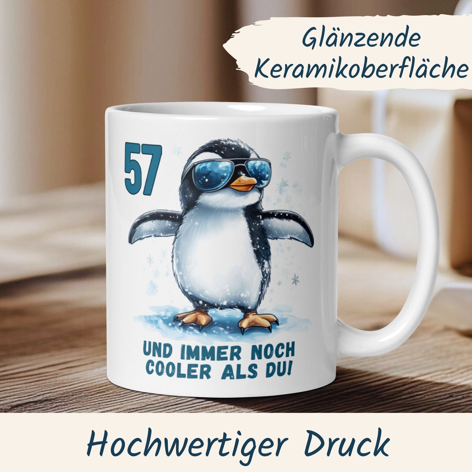 Momentals® Tasse 57. Geburtstag | Pinguin & Spruch | 57 und immer noch cooler als du • Momentals