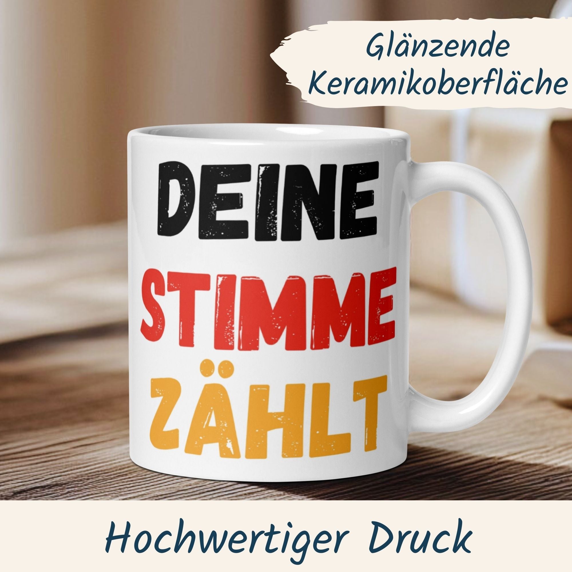 Momentals® Tasse mit Spruch 'Deine Stimme zählt' in Schwarz-Rot-Gold für politische Statements.