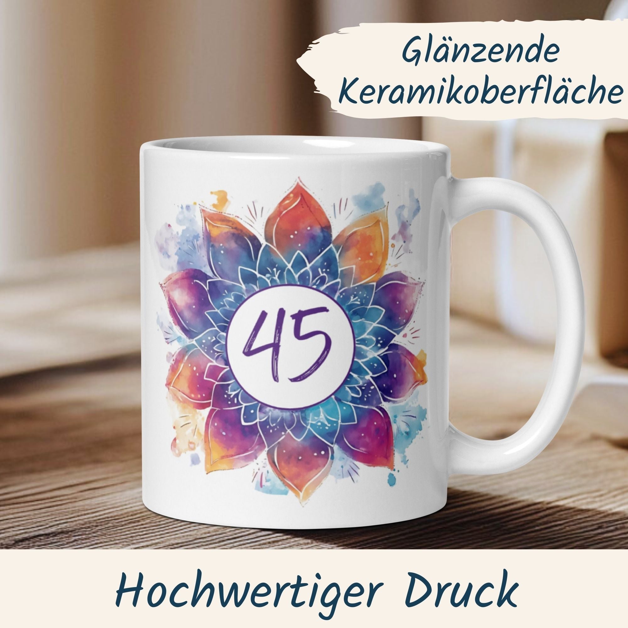 Momentals® Tasse 45. Geburtstag | Mandala Motiv | Farbenfrohes Muster mit Alterszahl • Momentals