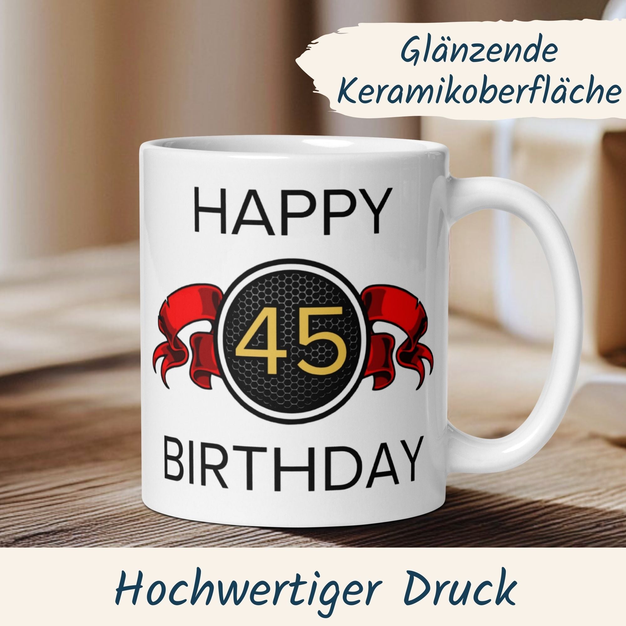Momentals® Tasse 45. Geburtstag | Wappen & Spruch | Happy Birthday mit roter Schleife • Momentals