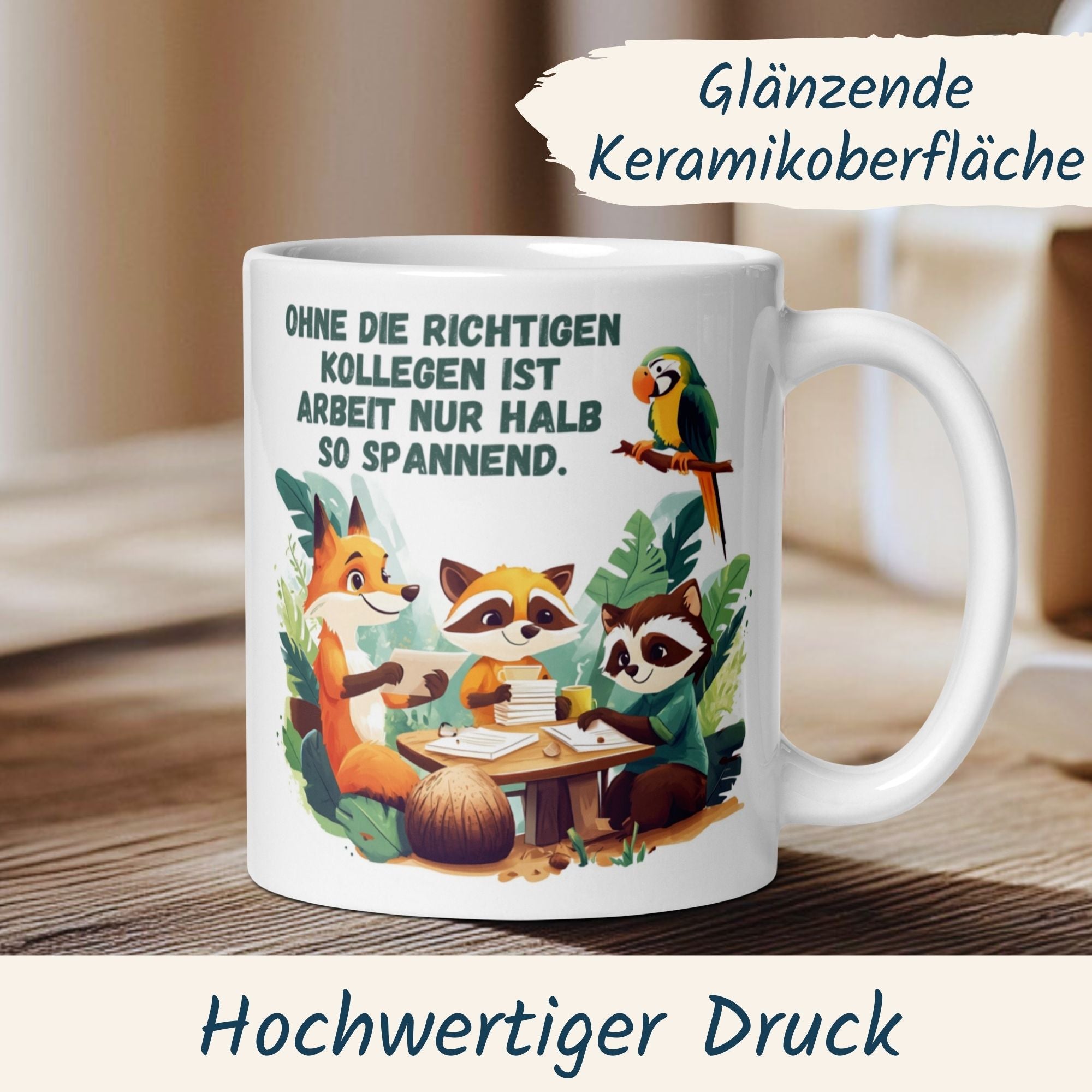 Humorvolle Tasse Teamwork mit Tierdesign und Spruch für Büro und Teamplayer.