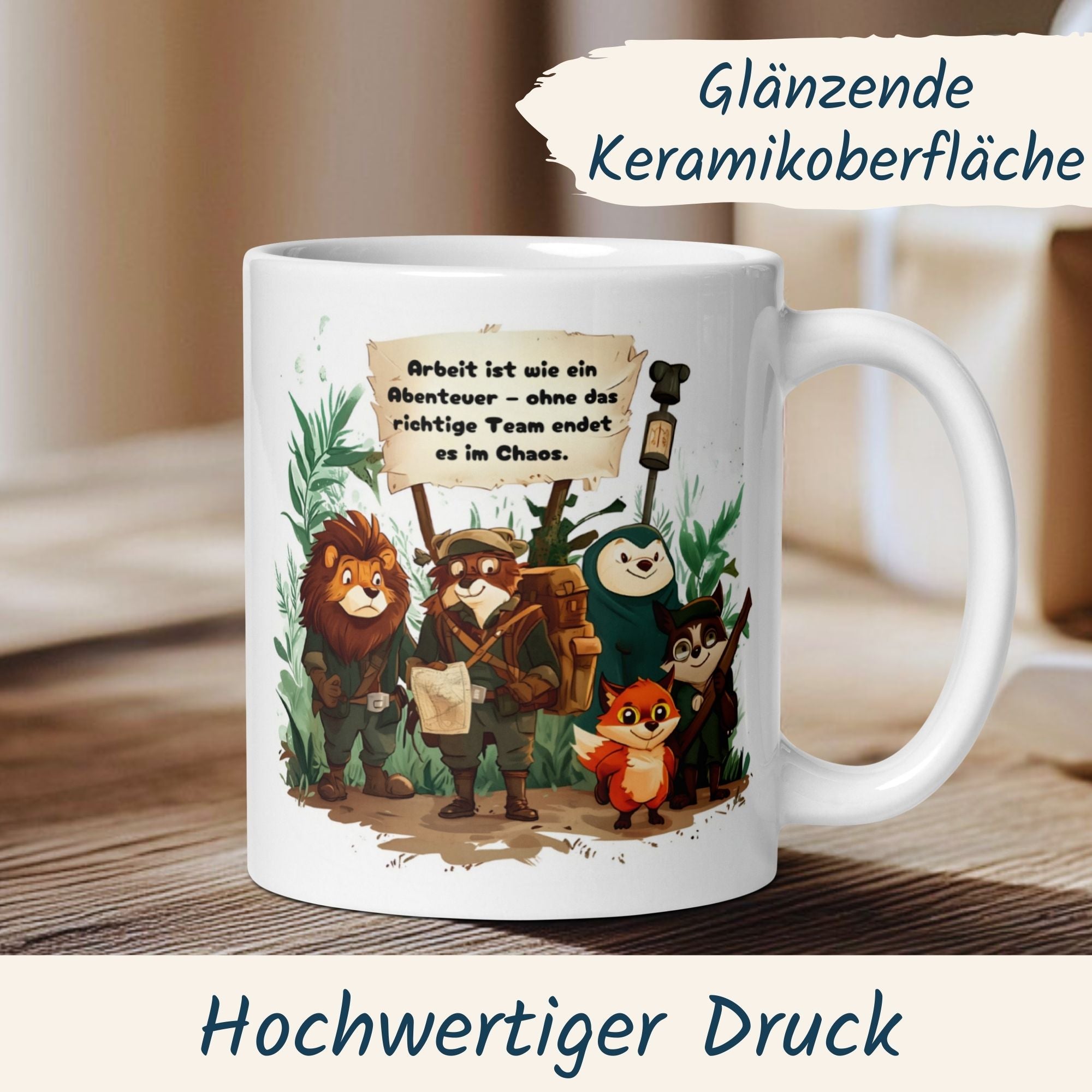 Humorous ceramic mug depicting animal adventurers with the quote about teamwork as an adventure.