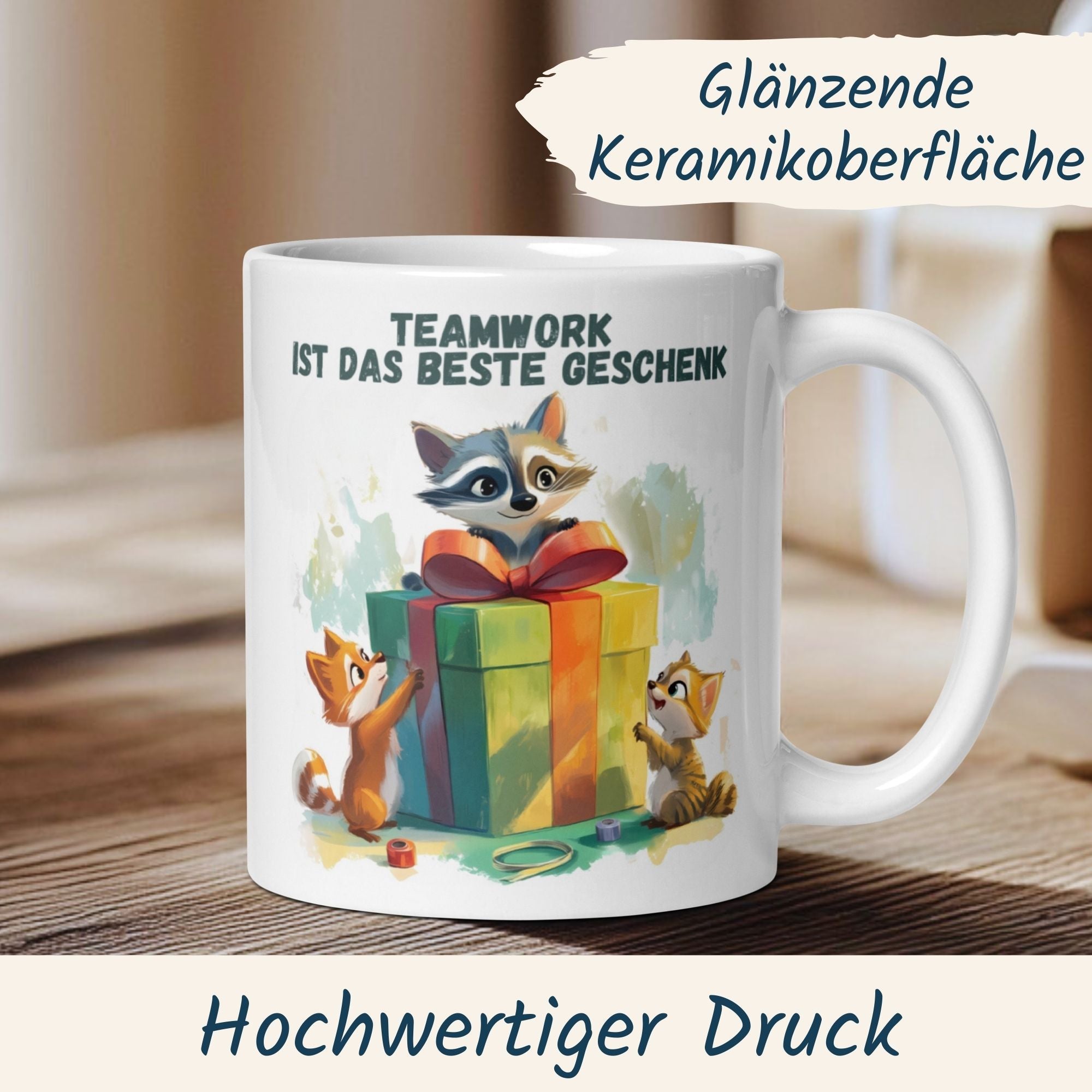 Teamwork Tasse mit Tieren und Geschenkmotiv, inspirierende Botschaft "Teamwork ist das beste Geschenk".