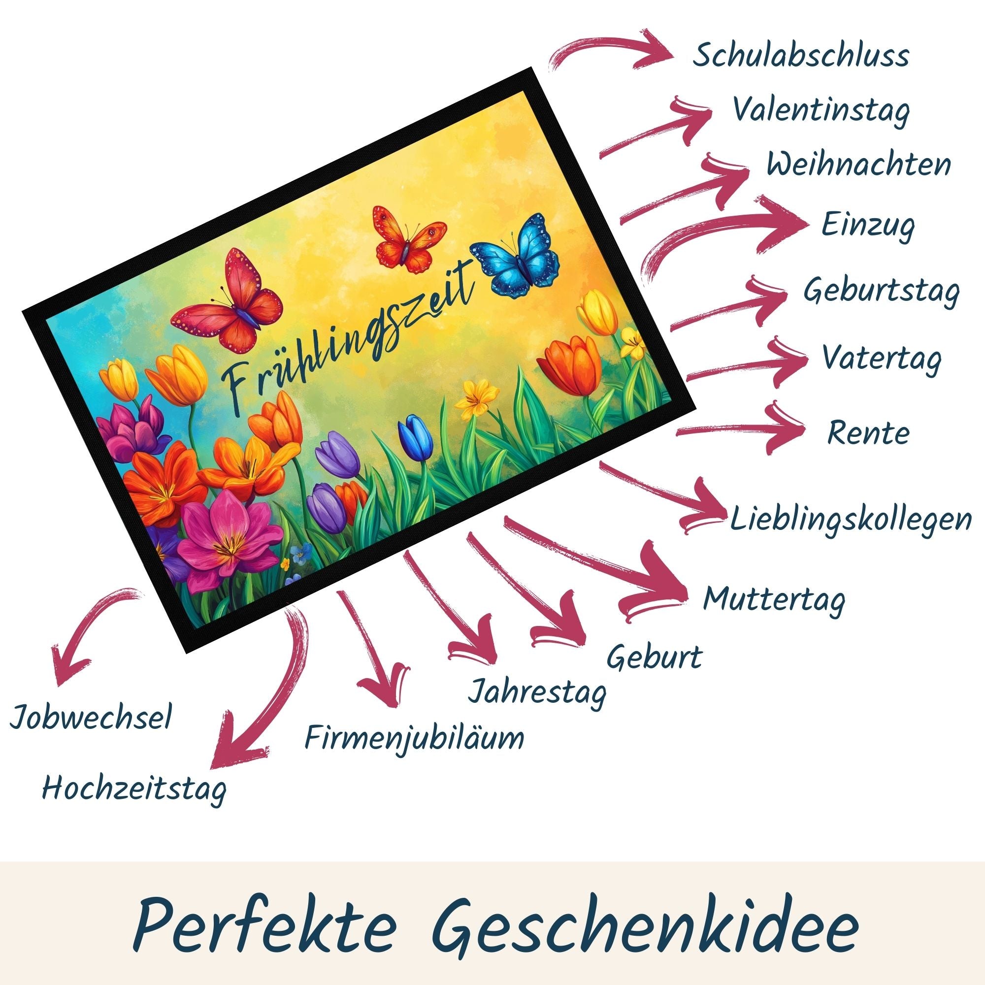 Frühlingszeit Fußmatte mit bunten Blumen und Schmetterlingen, ideal als Geschenk für verschiedene Anlässe.