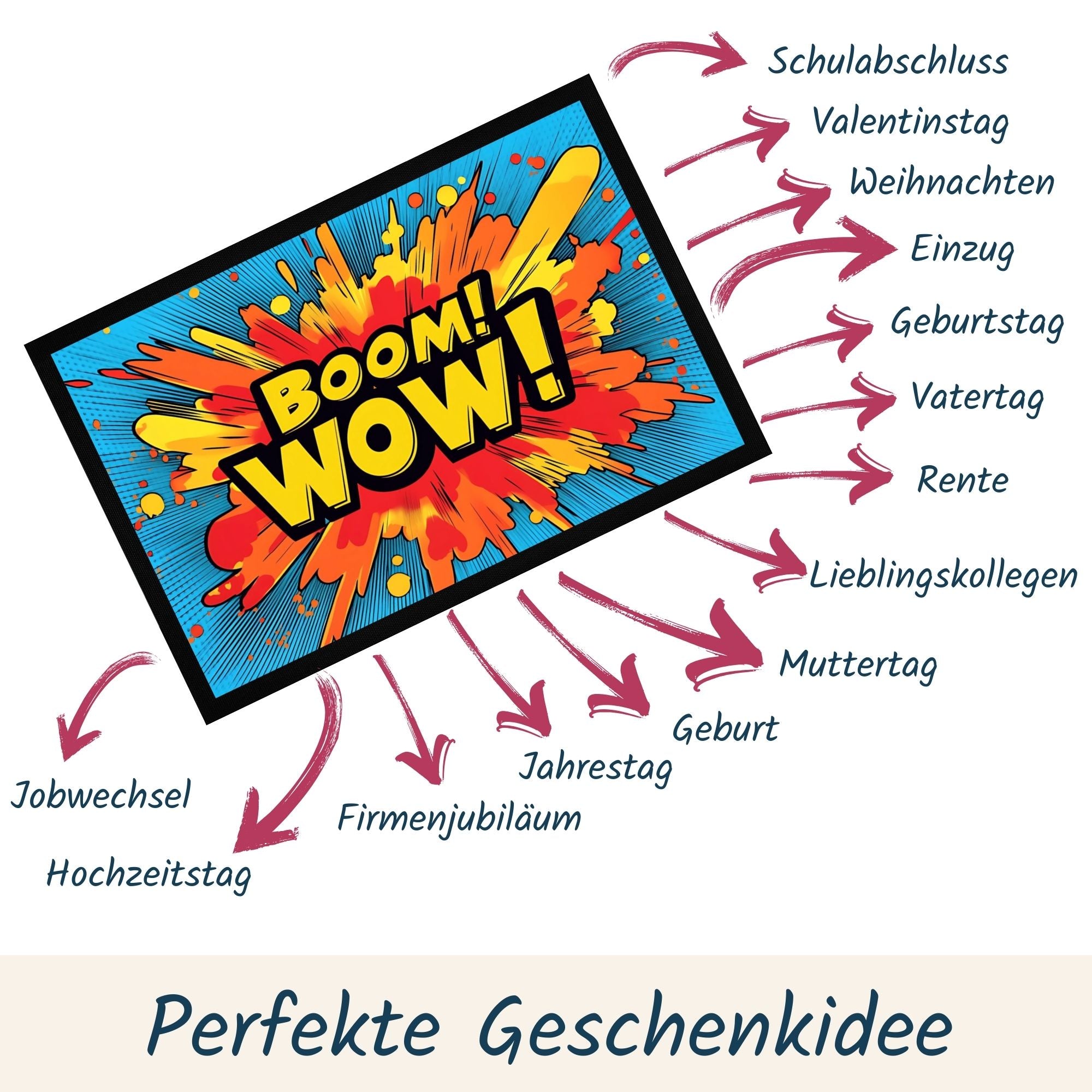 Comic Fußmatte 'BOOM! WOW!' mit Geschenkideen für verschiedene Anlässe wie Geburtstag, Valentinstag, und mehr.