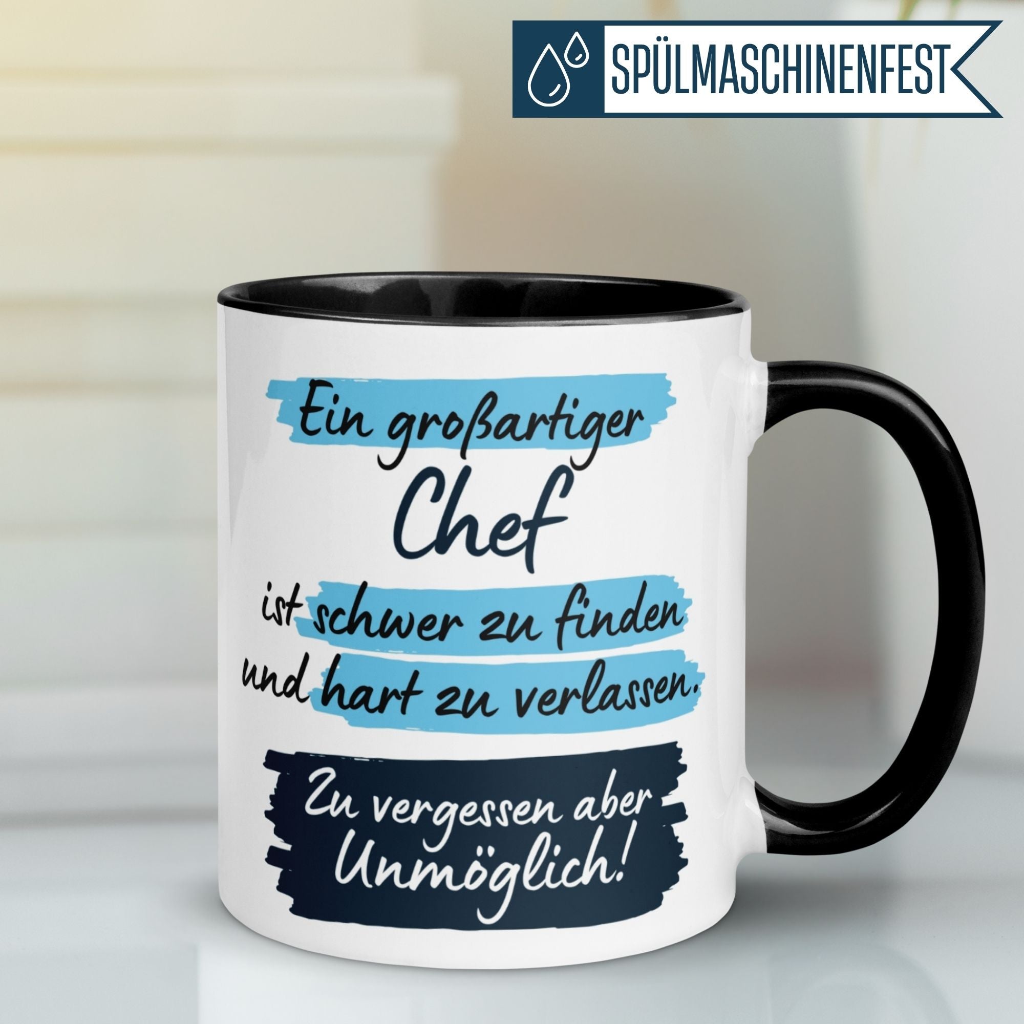 Momentals® Tasse Chef mit Spruch "Ein großartiger Chef ist schwer zu finden" für besondere Wertschätzung.