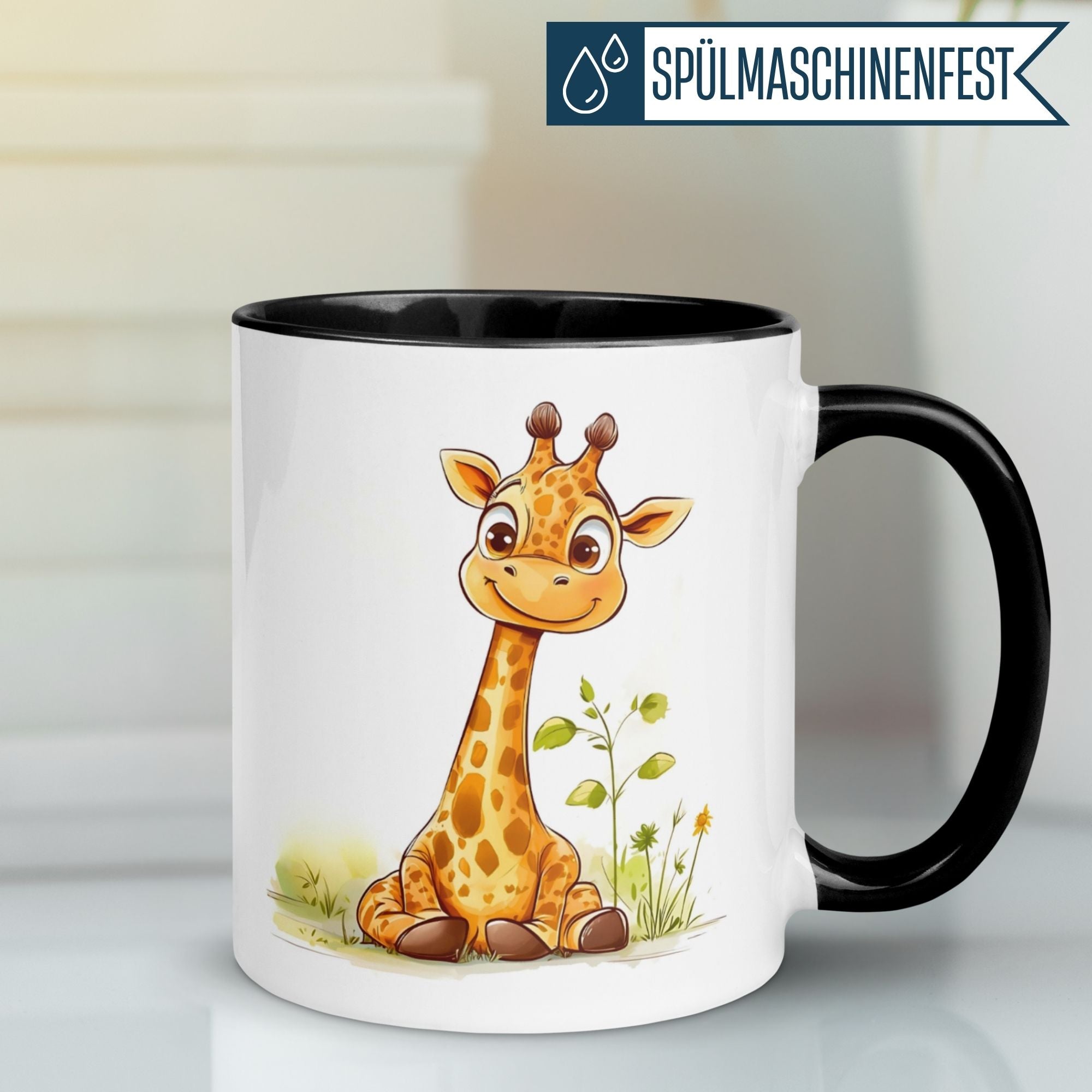 Momentals Tasse mit Cartoon-Giraffe für Morgenmuffel, witzig und charmant, spülmaschinenfest.