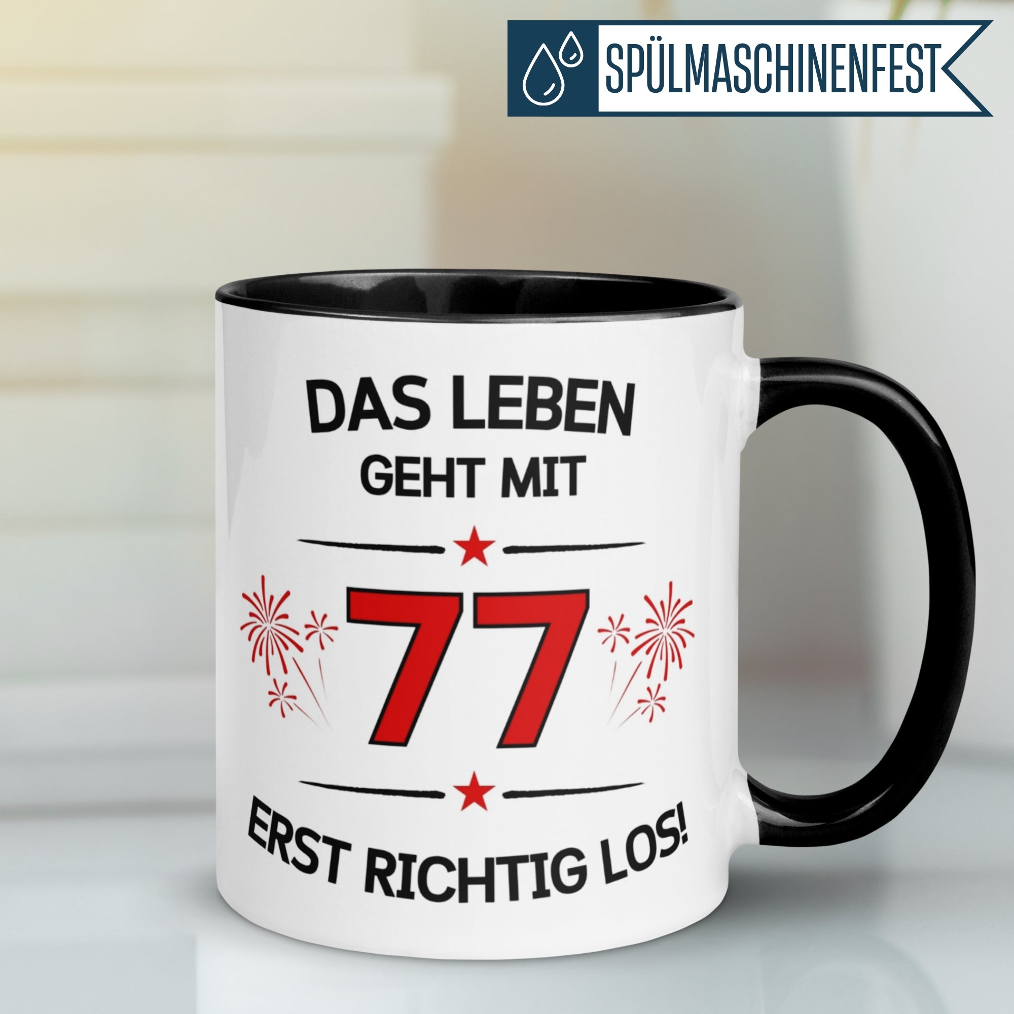 Tasse 77. Geburtstag Mann Frau – „Das Leben geht mit 77 erst Los“ – Geschenk zum Geburtstag Männer Frauen