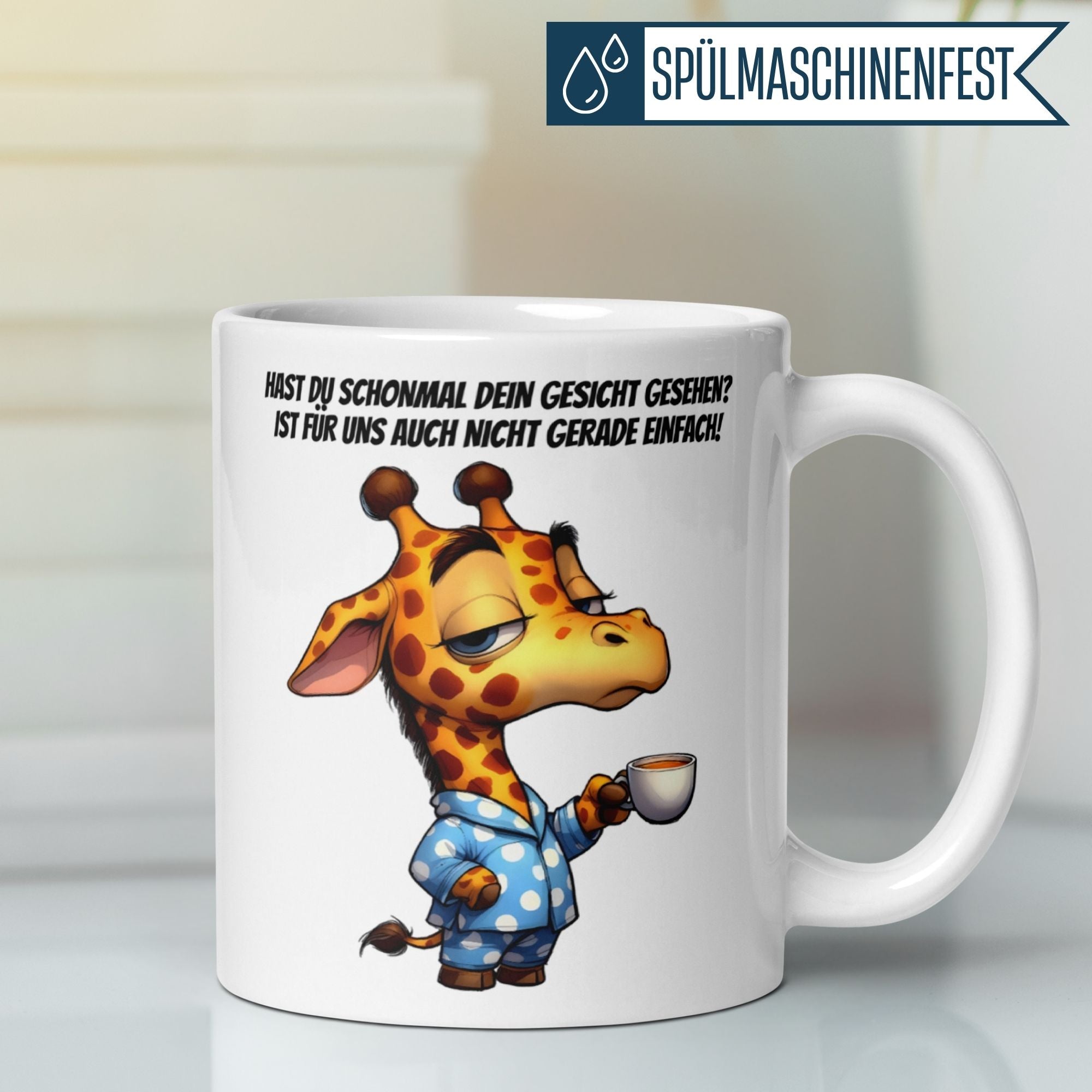 Humorous giraffe mug with text about morning struggles and energy, perfect for true morning grumps.