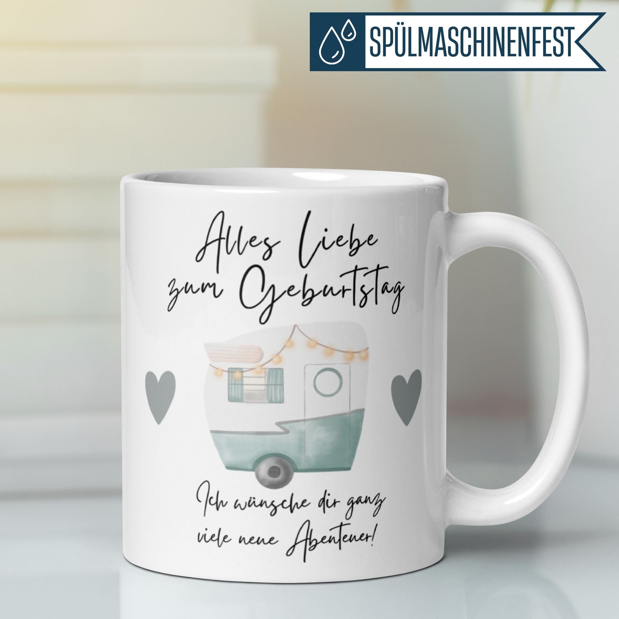 Momentals® Geburtstagstasse mit Camper-Design, ideal für Abenteurer und Kaffeeliebhaber. Alles Liebe zum Geburtstag!