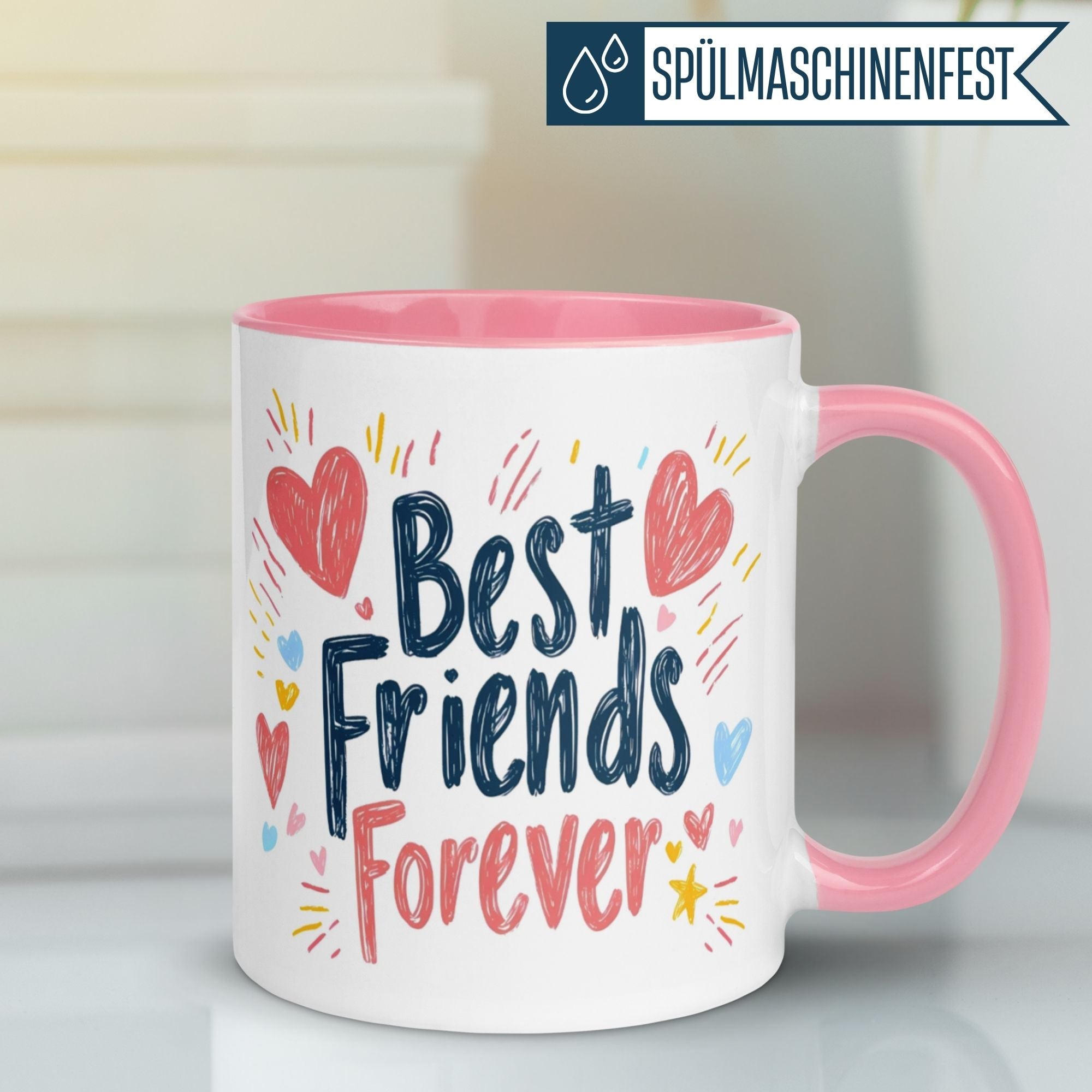 Momentals® Tasse mit buntem Herzmotiv und Aufschrift 'Best Friends Forever' für Freunde.