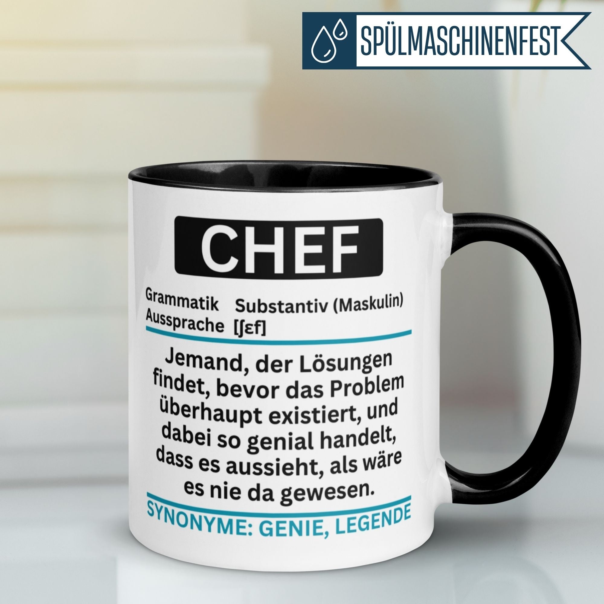 Momentals Tasse Chef mit humorvollem Lexikonstil und definitionstext für liebevolle Abschiede.