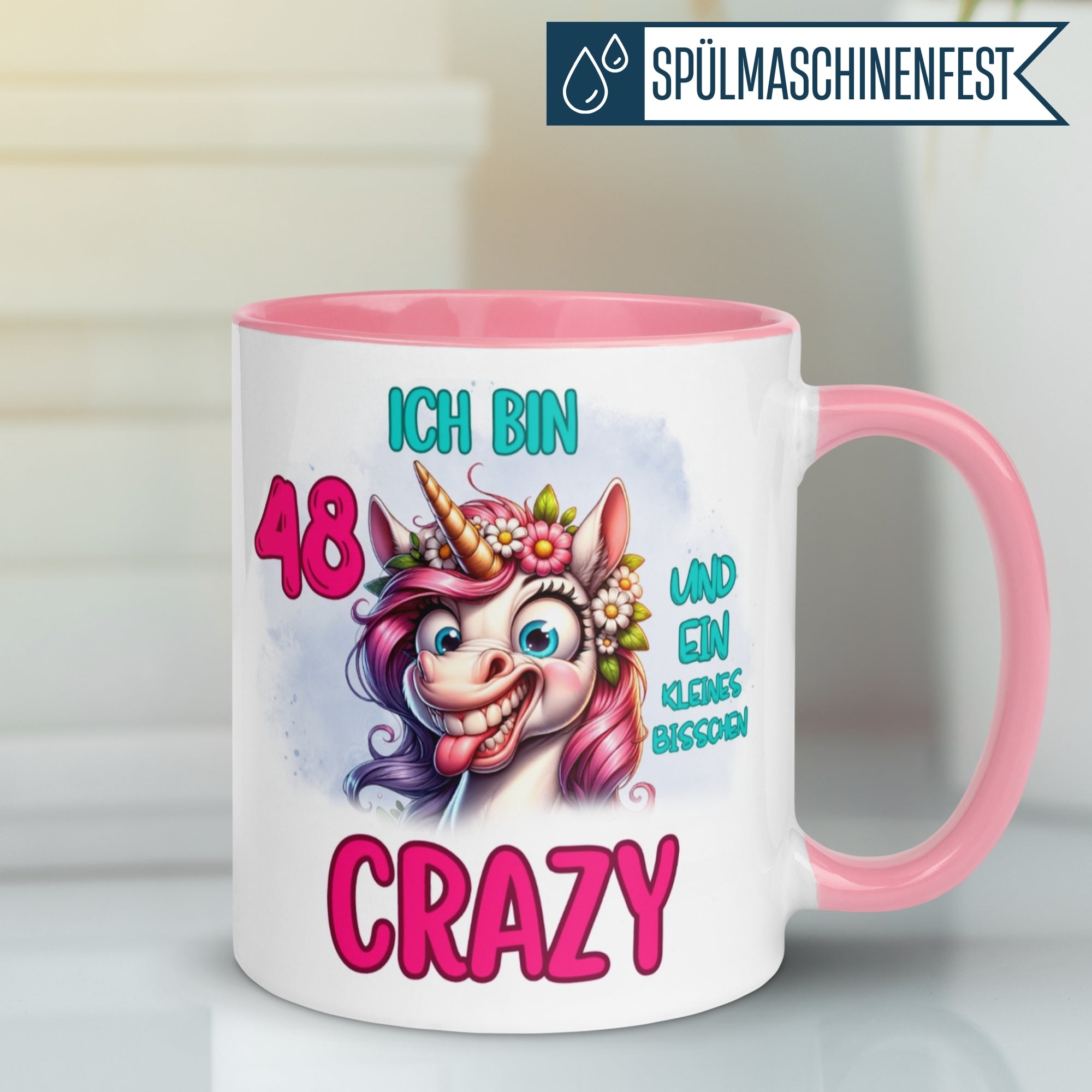Tasse 48. Geburtstag | Einhorn & Spruch | Ich bin 48 und ein kleines bisschen Crazy