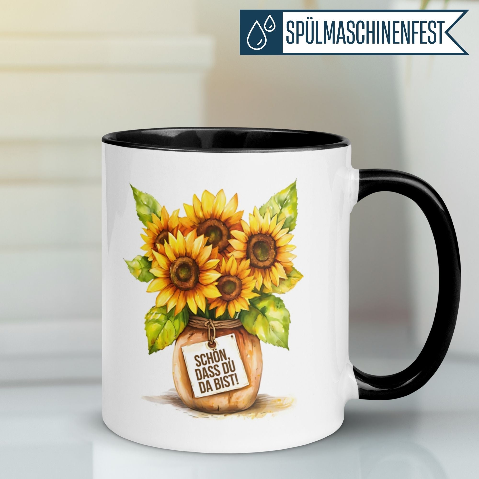 Süße Momentals® Tasse mit Sonnenblumen und Dankesbotschaft "Schön, dass du da bist!" für Wertschätzung.