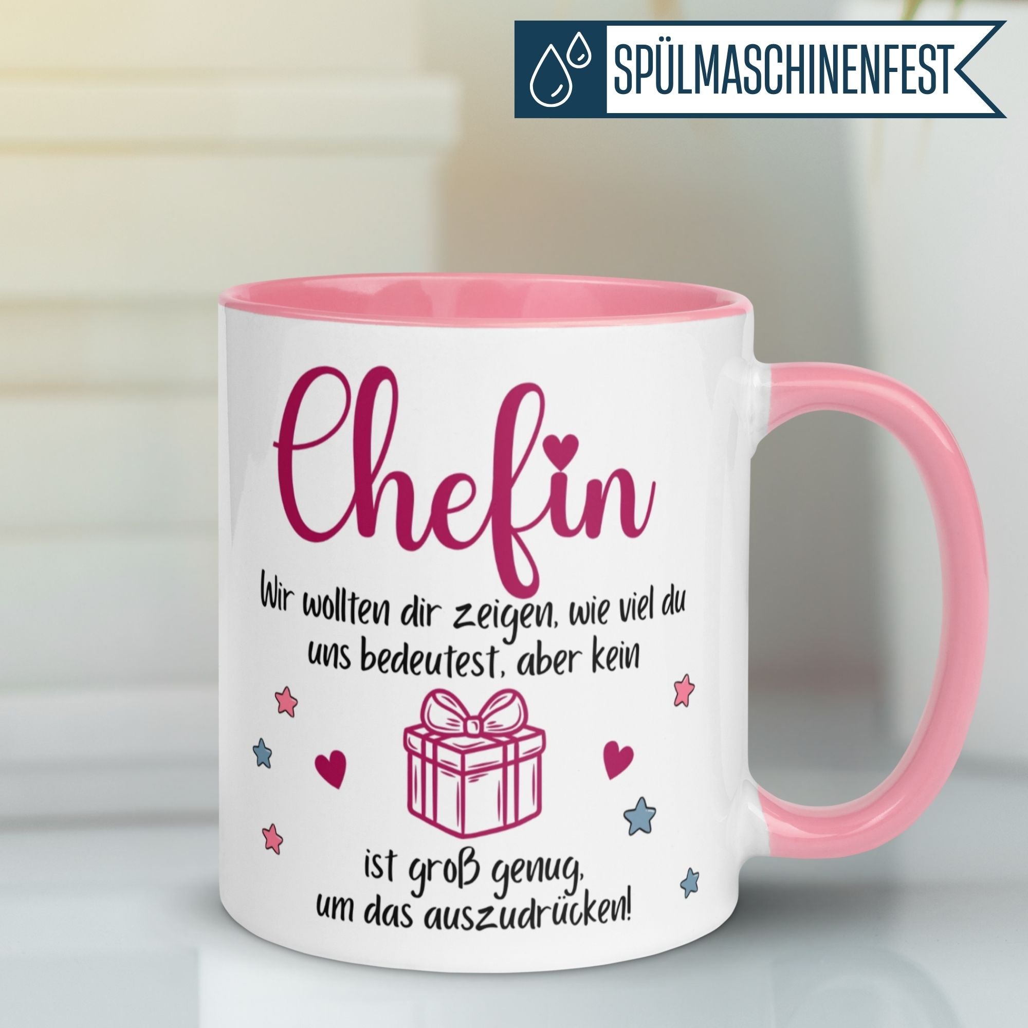 Momentals® Tasse Chefin mit Spruch "Kein Geschenk ist groß genug" für Abschiedsgeschenke.