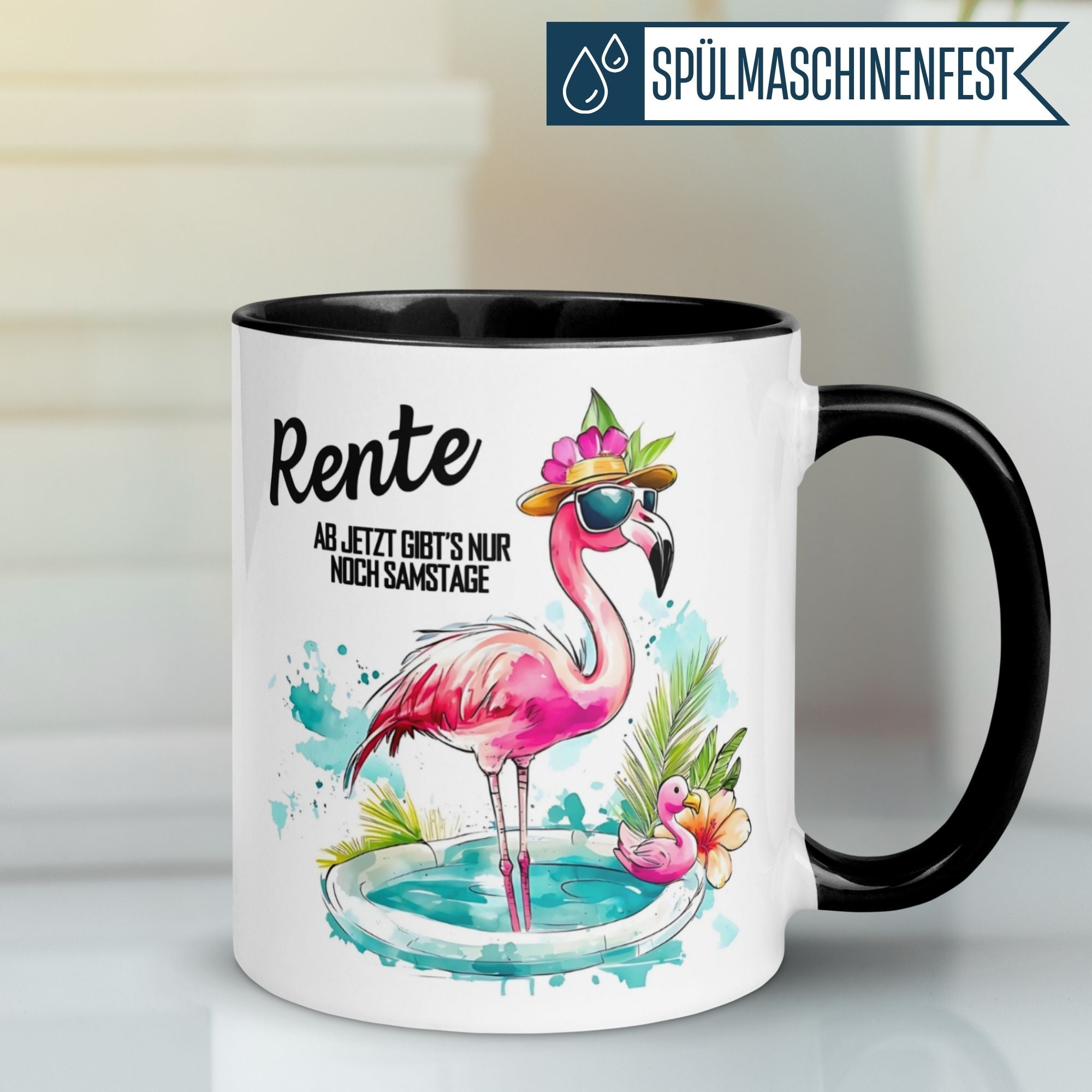 Momentals Tasse Rente mit flamingo und spruch für entspannte Ruheständler, ideal als Geschenk.