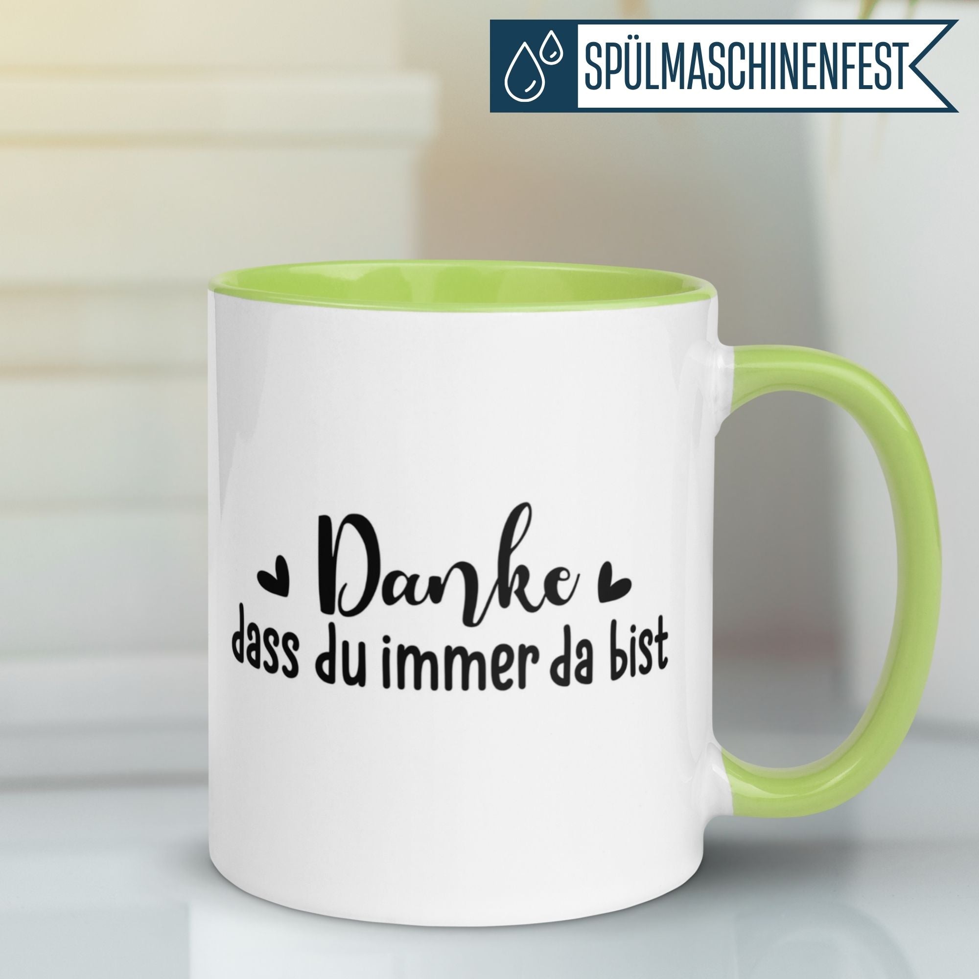Momentals Tasse Dankeschön mit Herzmotiv und Spruch "Danke dass du immer da bist" für Wertschätzung.