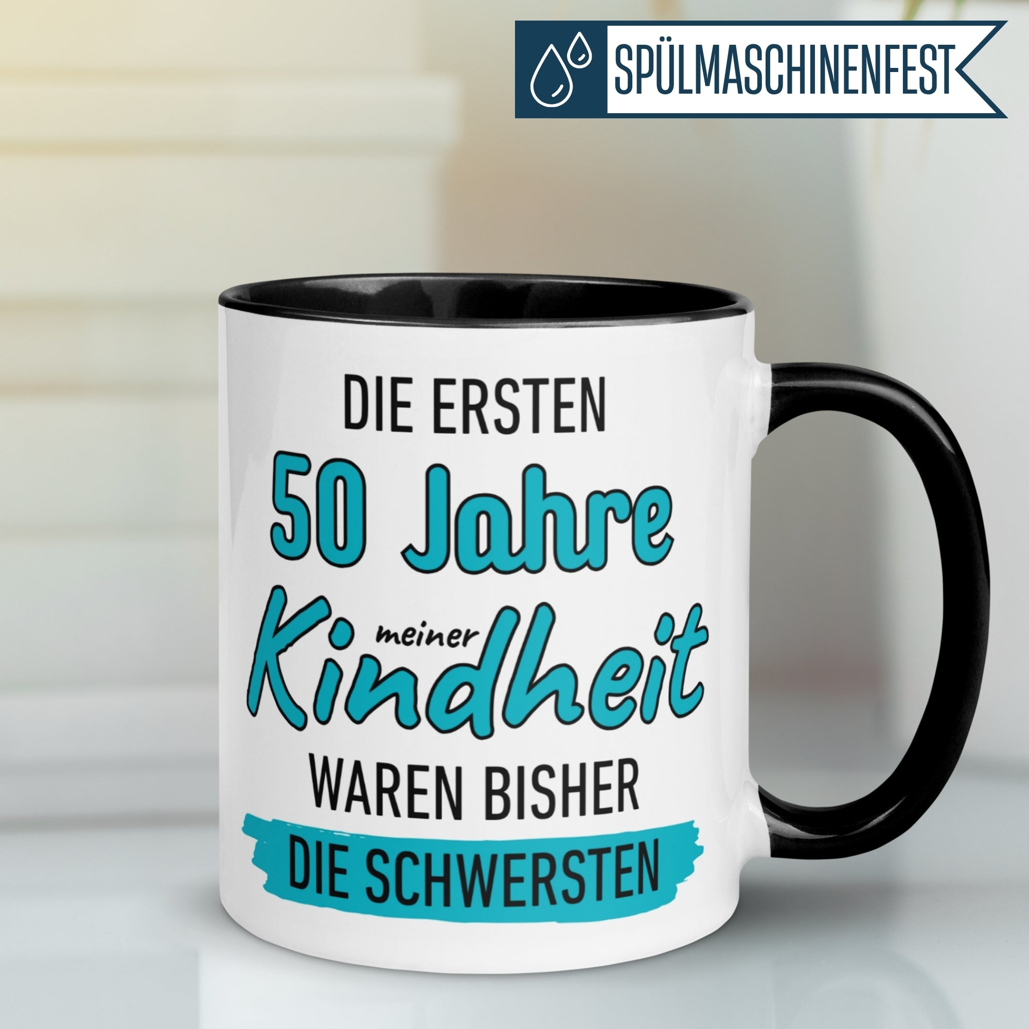 Tasse 50. Geburtstag Mann – „Die ersten 50 Jahre meiner Kindheit waren bisher die Schwersten“ – Geschenk zum Geburtstag Männer