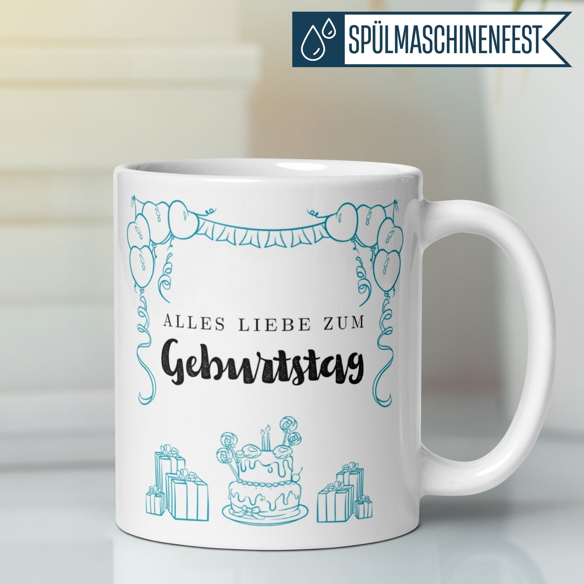 Momentals® Tasse zum Geburtstag mit Kuchen und Luftballons, perfektes Geschenk für frohe Morgende.