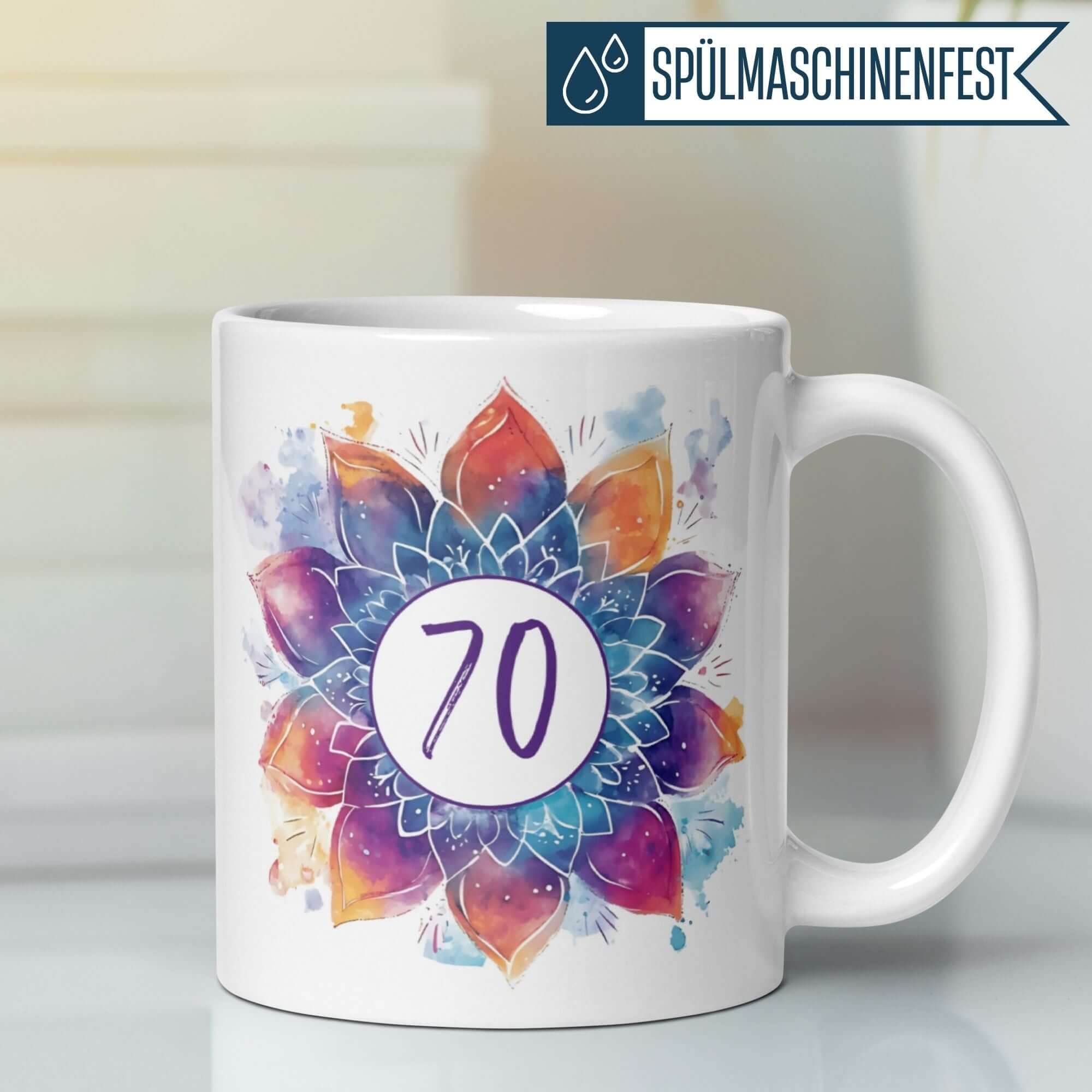 Momentals® Birthday Mug with colorful mandala design celebrating 70th birthday.