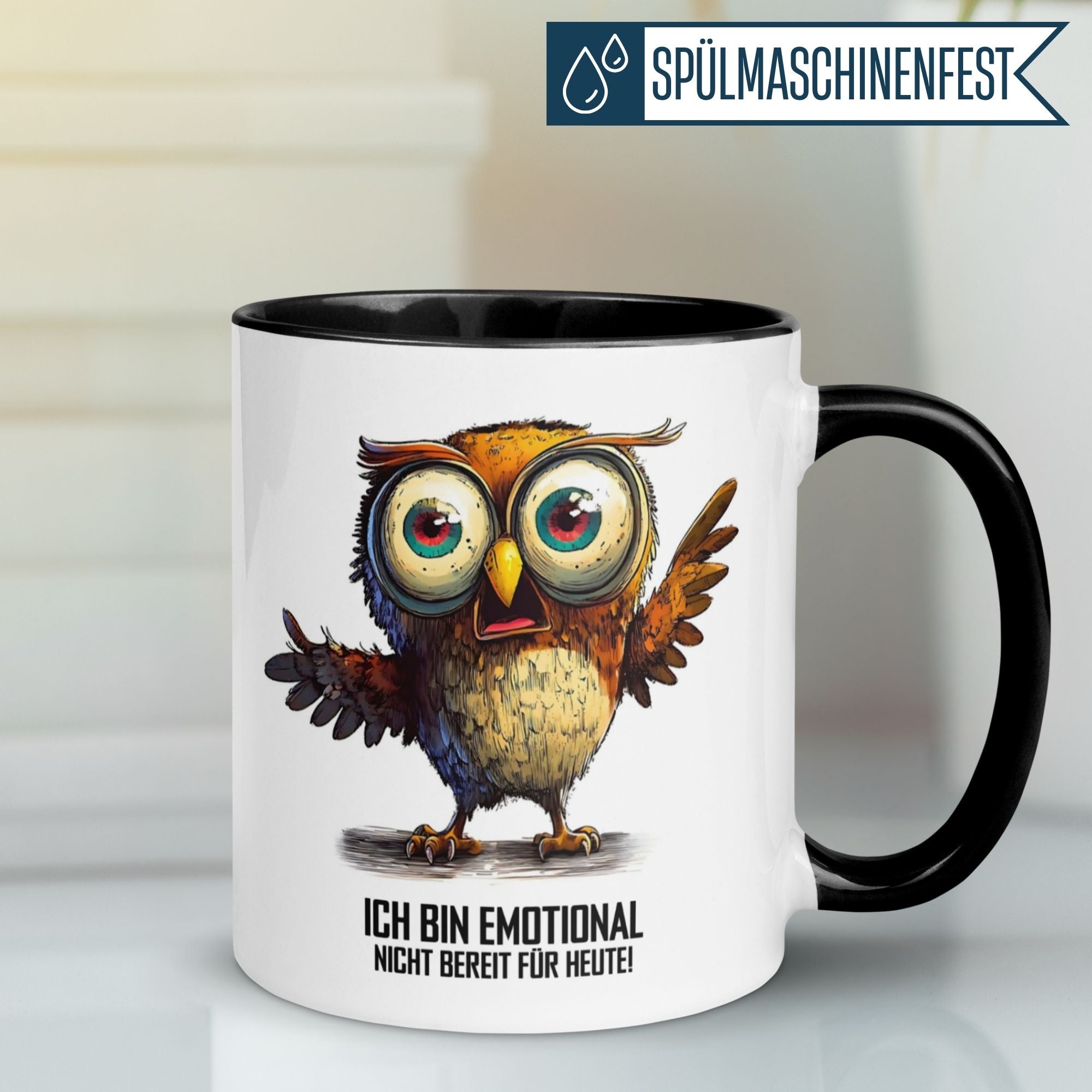 Momentals® Tasse mit Eule und Spruch: 'Ich bin emotional nicht bereit für heute!' für Kaffee-Liebhaber.