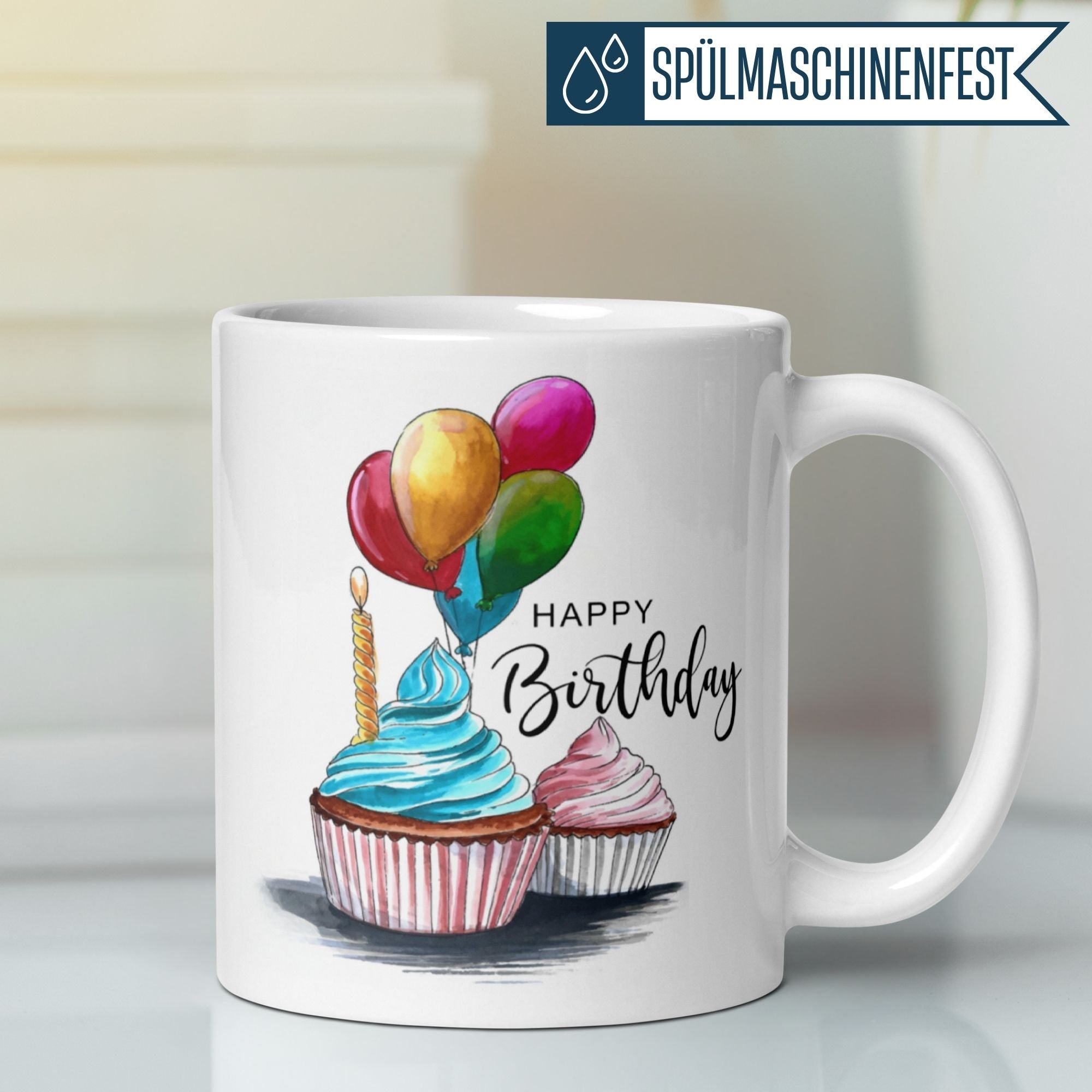 Momentals® Birthday mug with colorful cupcakes and balloons, perfect for celebrating special moments.