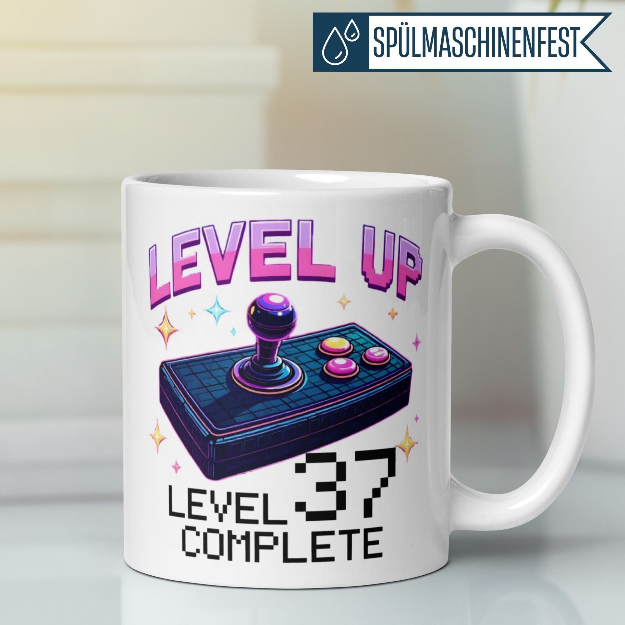 Stylish coffee mug featuring retro joystick design with 'Level Up 37 Complete' text, perfect for gamers celebrating a birthday.