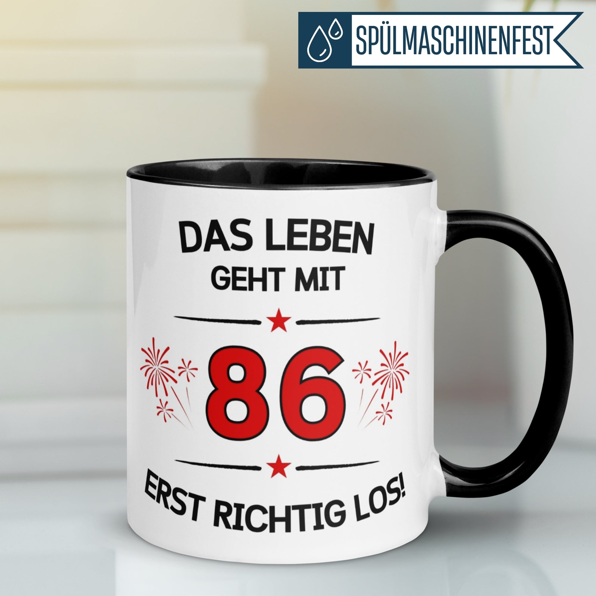 Tasse 86. Geburtstag | Feuerwerk & Spruch | Das Leben geht mit 86 erst Los