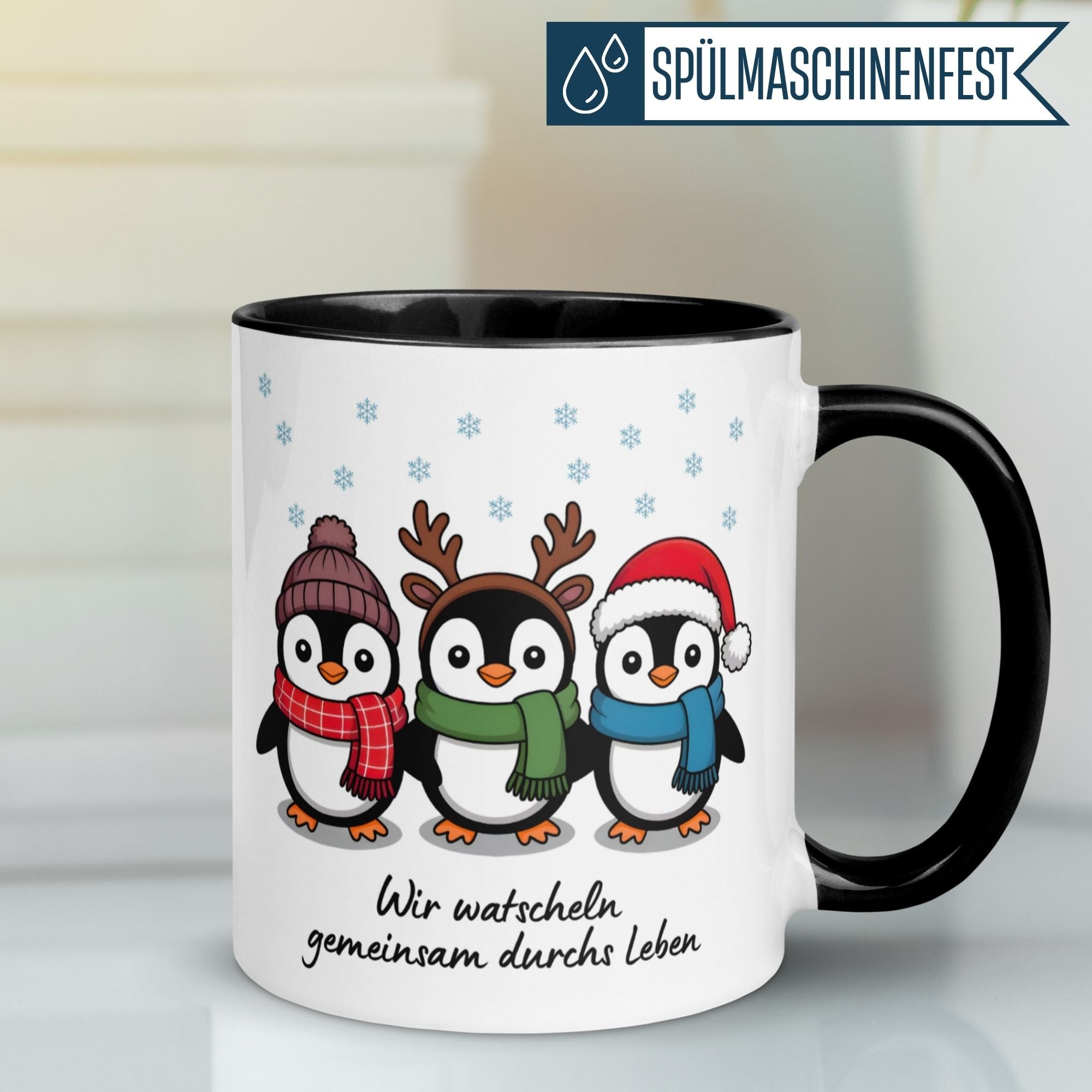 Tasse Pinguin – „Wir watscheln gemeinsam durchs Leben“ – lustiger Geschenk Becher