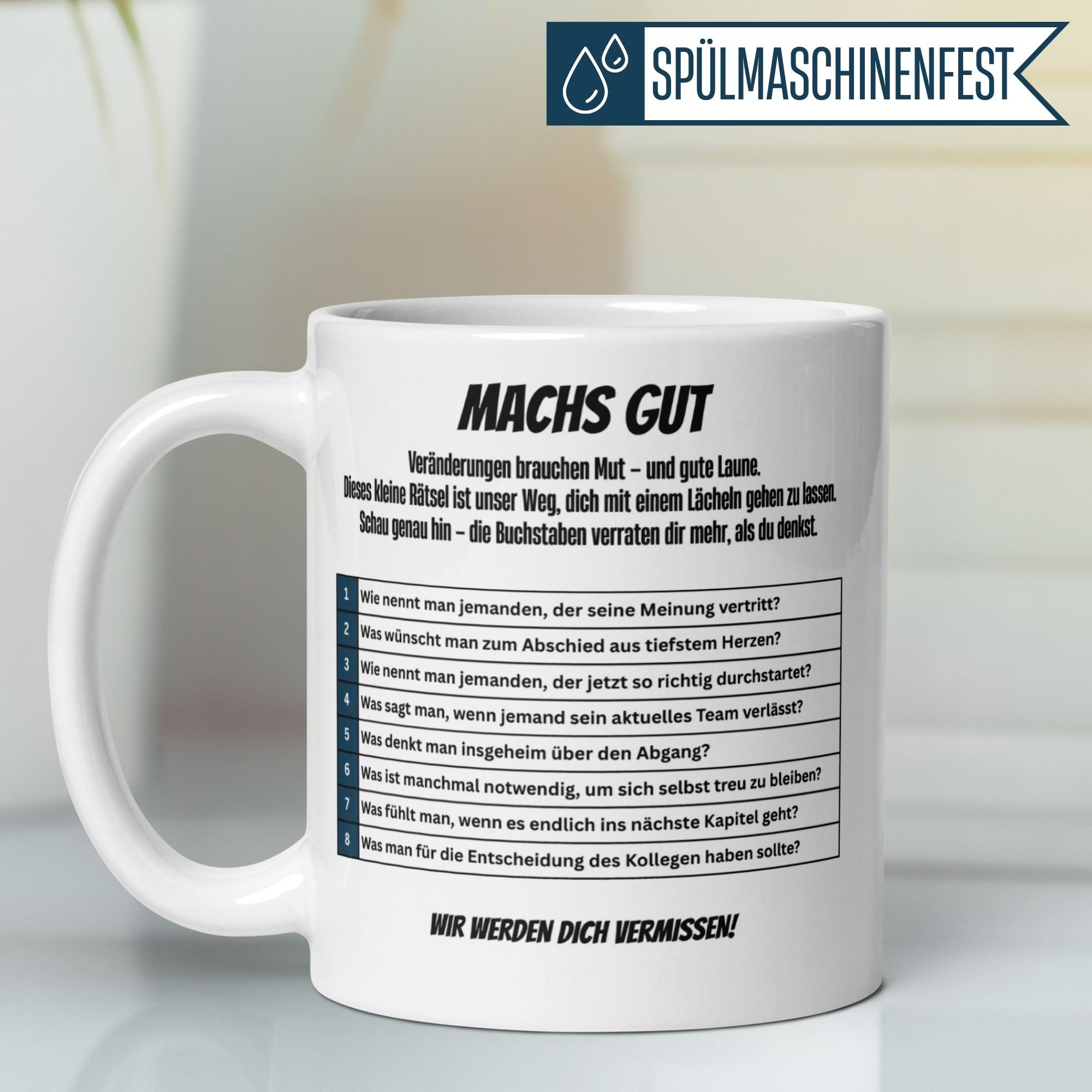 Momentals® Tasse Abschied | Beidseitiges Motiv & Spruch | Verräter mit Kreuzworträtsel • Momentals