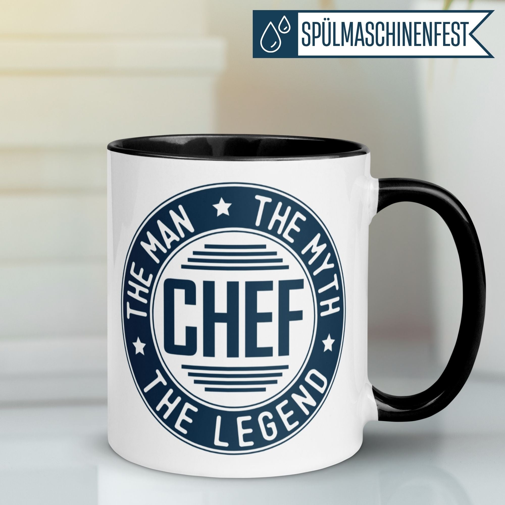 Momentals Chef Mug featuring 'The Man, The Myth, The Legend' in retro typography, perfect farewell gift.